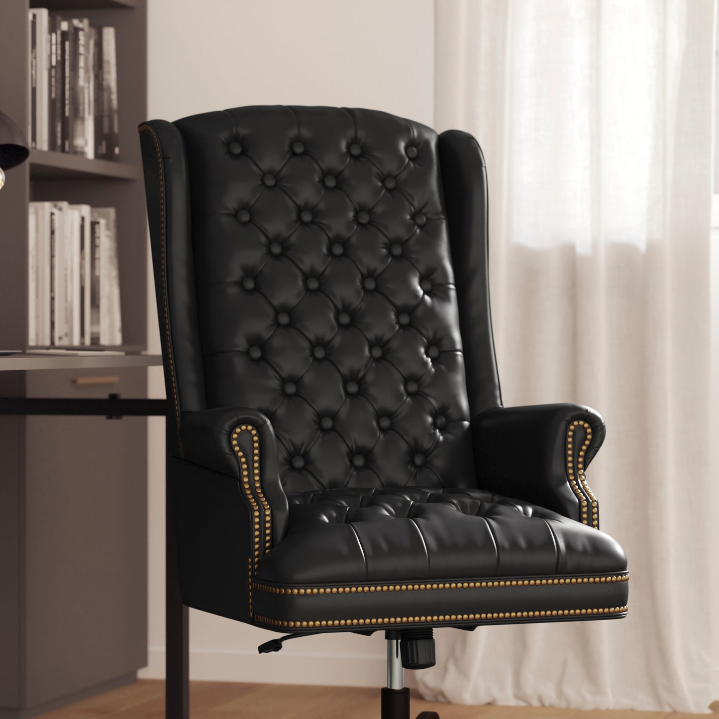 Turner High Back Traditional Fully Tufted Black LeatherSoft Executive Swivel Ergonomic Office Chair with Arms Black
