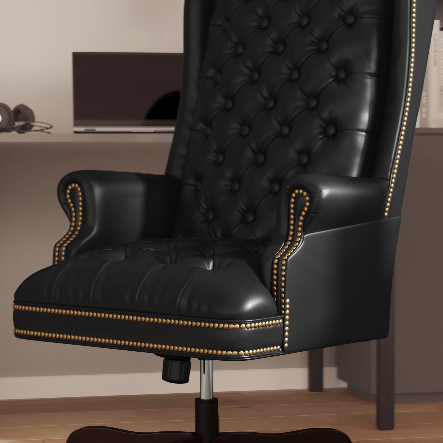 Turner High Back Traditional Fully Tufted Black LeatherSoft Executive Swivel Ergonomic Office Chair with Arms Black