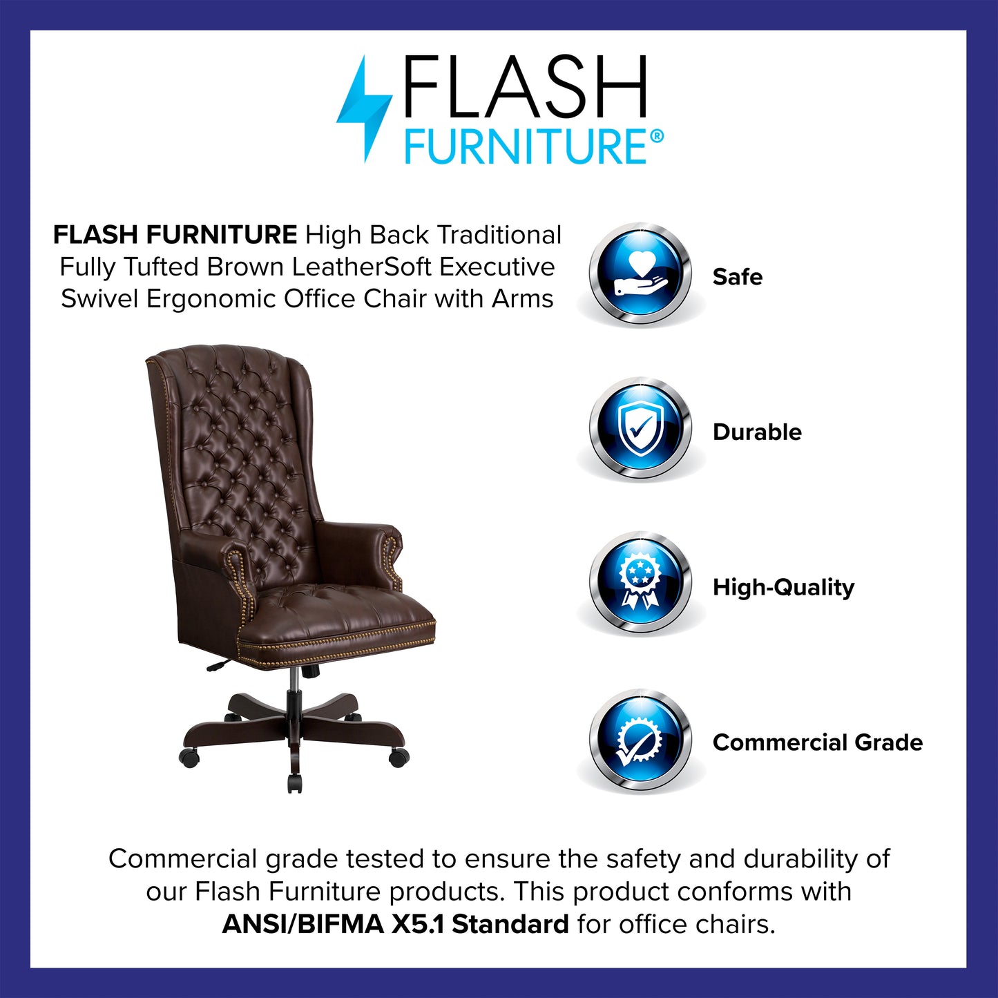 Turner High Back Traditional Fully Tufted Brown LeatherSoft Executive Swivel Ergonomic Office Chair with Arms Brown