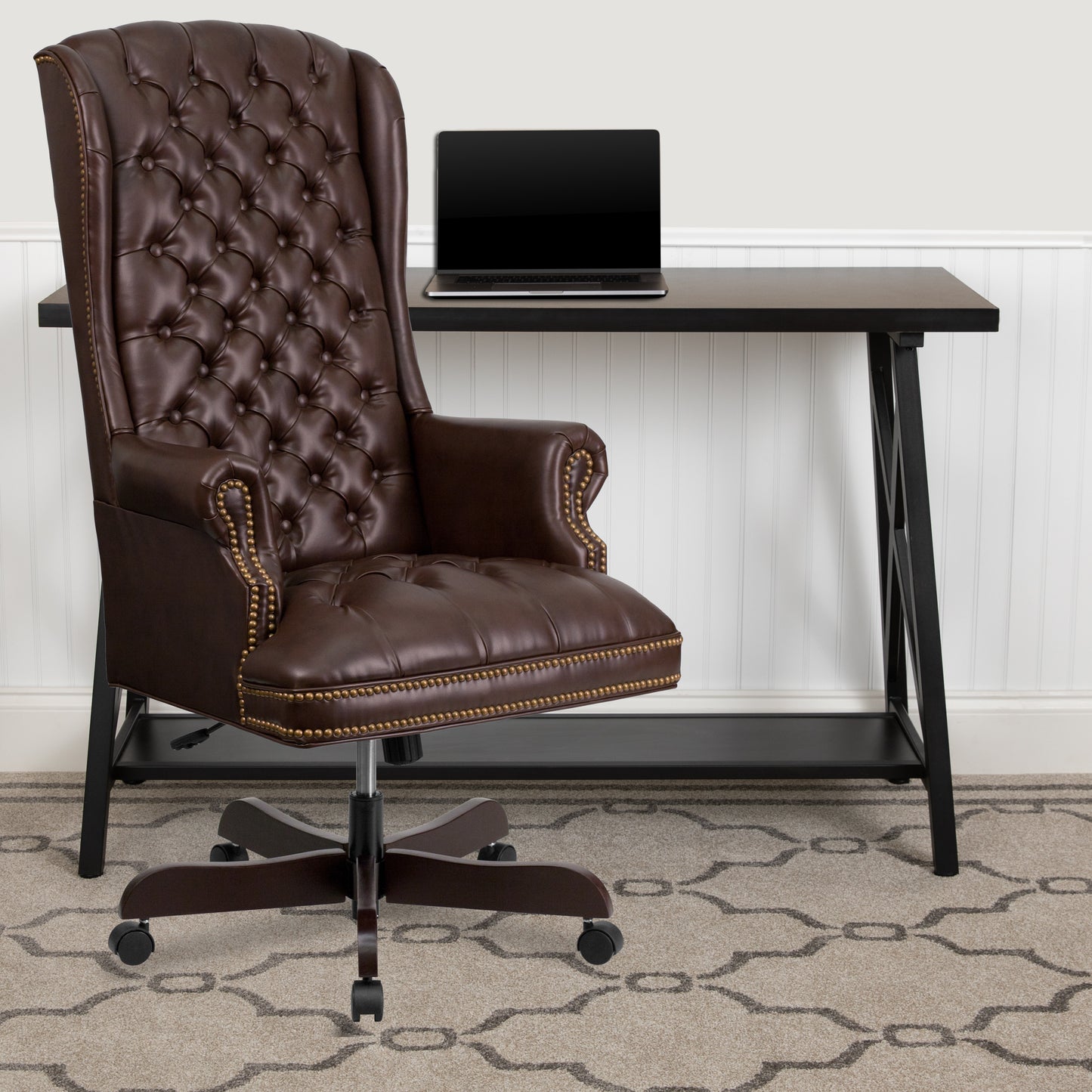 Turner High Back Traditional Fully Tufted Brown LeatherSoft Executive Swivel Ergonomic Office Chair with Arms Brown