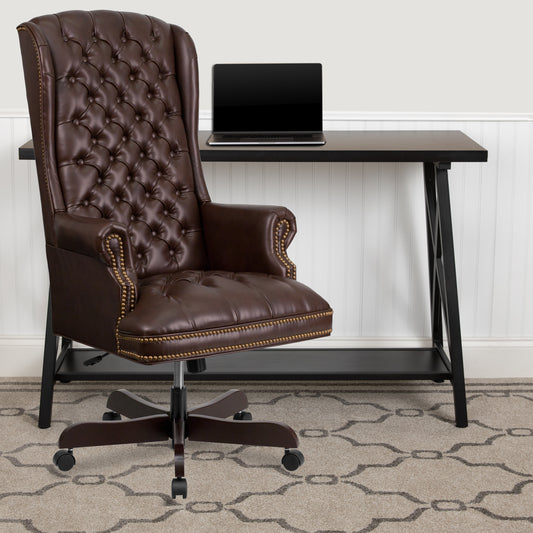 Turner High Back Traditional Fully Tufted Brown LeatherSoft Executive Swivel Ergonomic Office Chair with Arms Brown CI-360-BRN-GG
