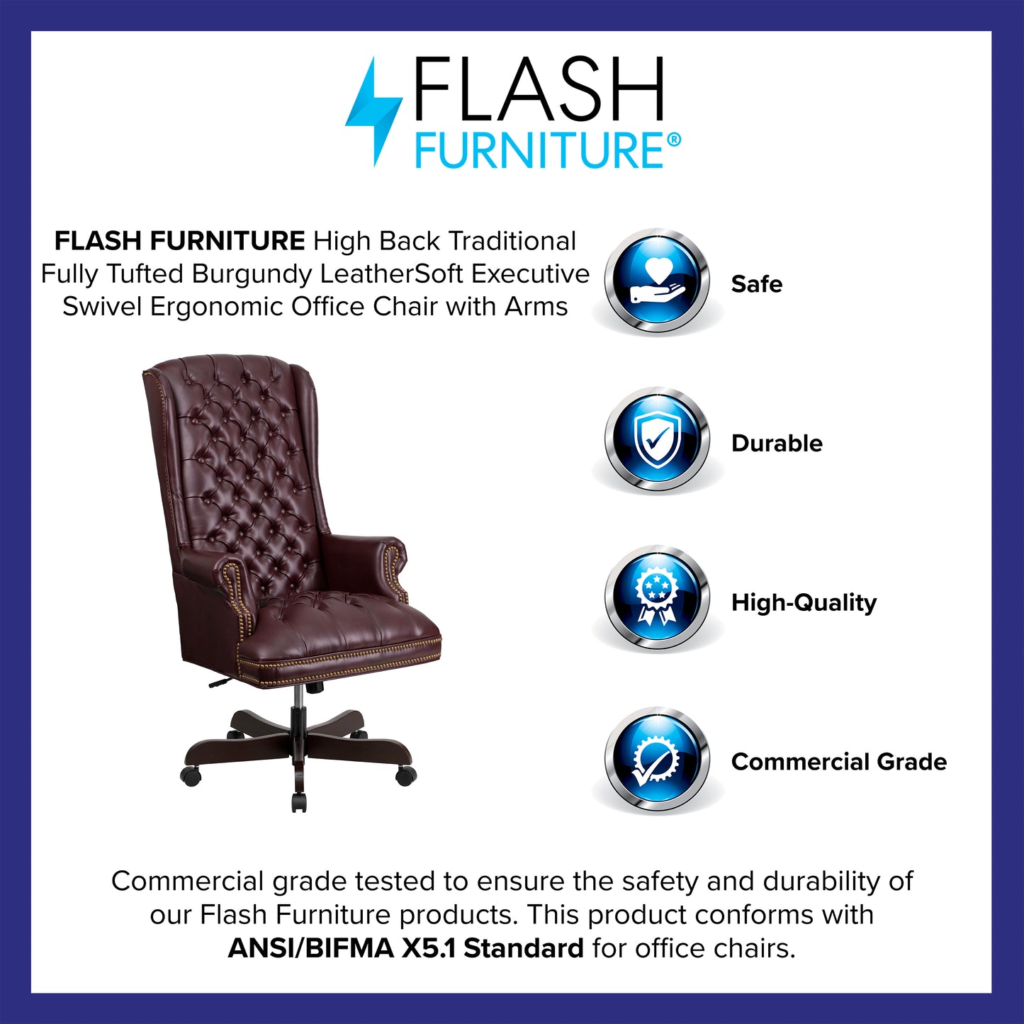 Turner High Back Traditional Fully Tufted Burgundy LeatherSoft Executive Swivel Ergonomic Office Chair with Arms Burgundy