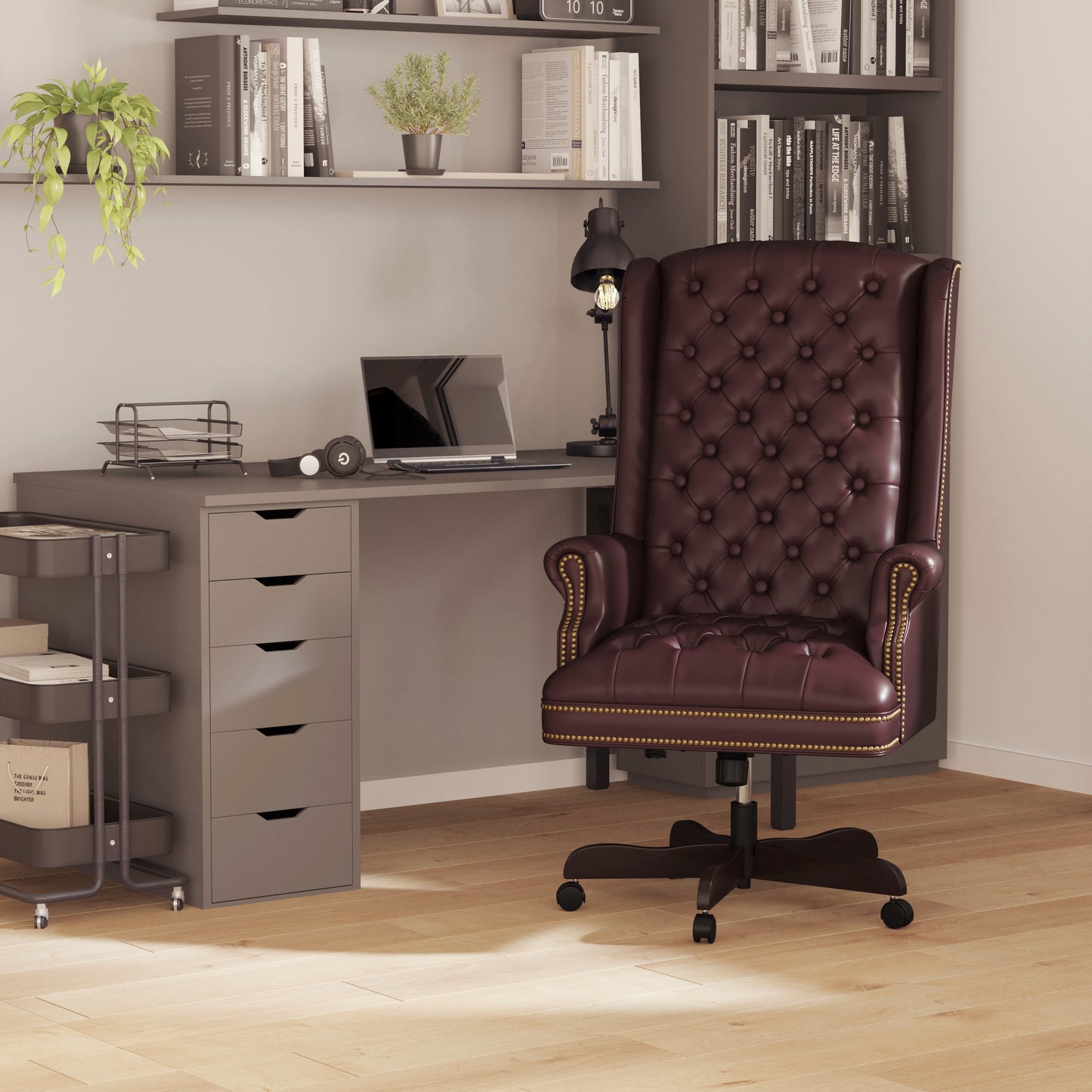 Turner High Back Traditional Fully Tufted Burgundy LeatherSoft Executive Swivel Ergonomic Office Chair with Arms Burgundy