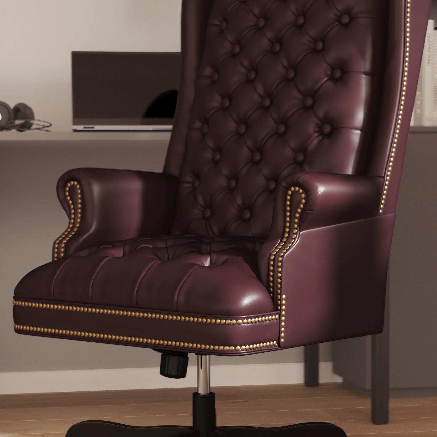 Turner High Back Traditional Fully Tufted Burgundy LeatherSoft Executive Swivel Ergonomic Office Chair with Arms Burgundy