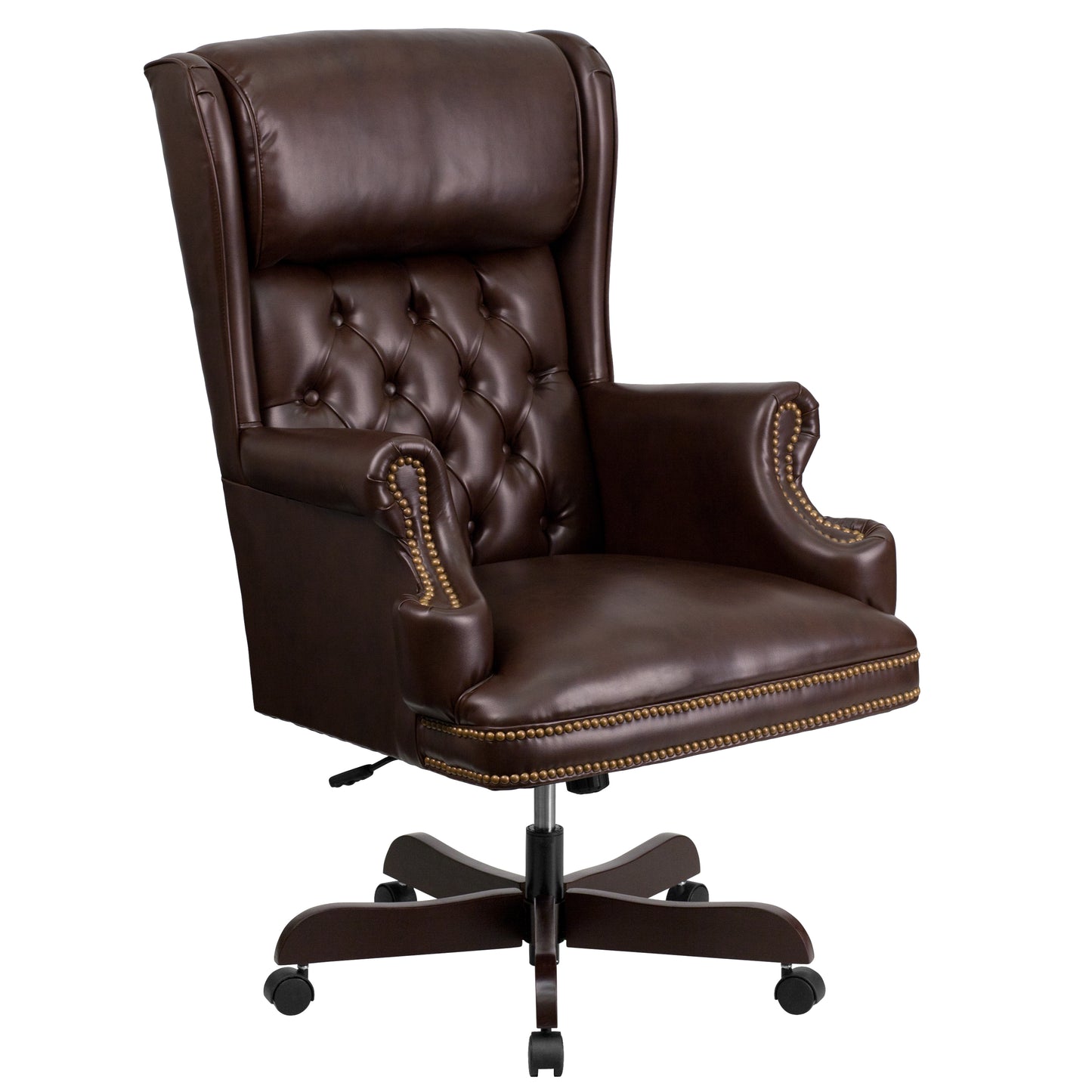 Ainslie High Back Traditional Tufted Brown LeatherSoft Executive Ergonomic Office Chair with Oversized Headrest & Nail Trim Arms Brown