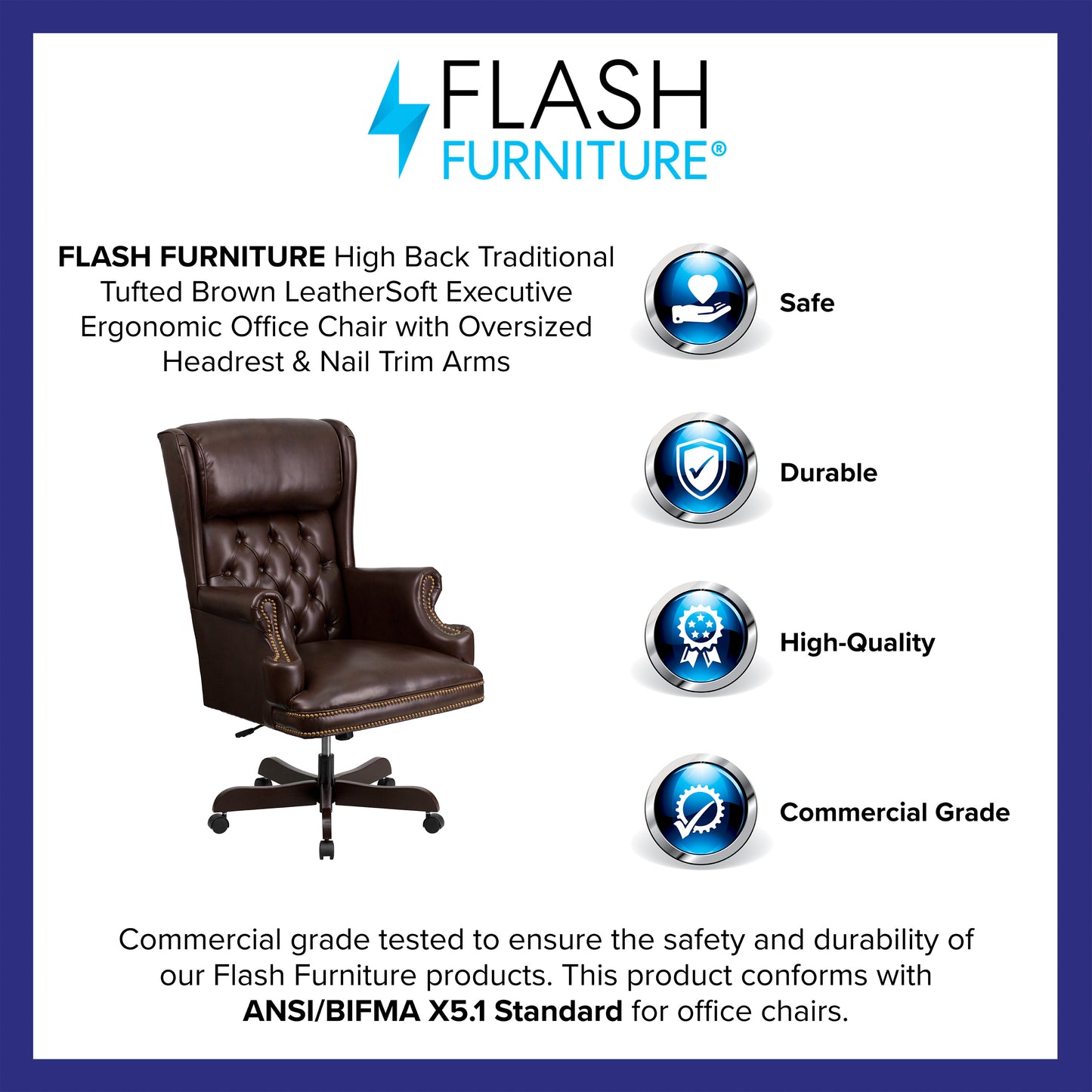 Ainslie High Back Traditional Tufted Brown LeatherSoft Executive Ergonomic Office Chair with Oversized Headrest & Nail Trim Arms Brown