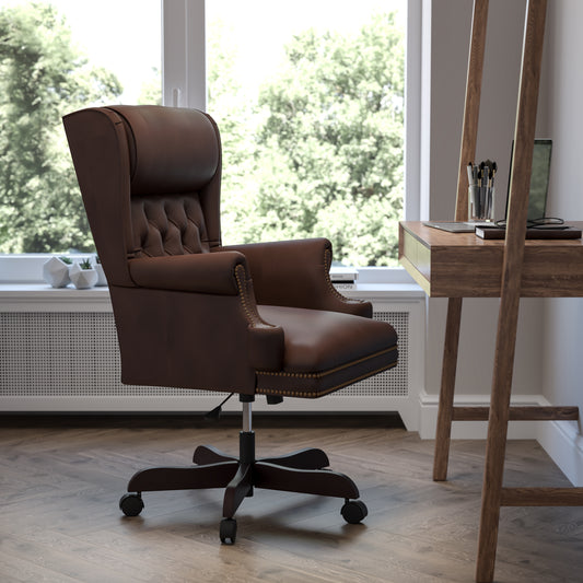 Ainslie High Back Traditional Tufted Brown LeatherSoft Executive Ergonomic Office Chair with Oversized Headrest & Nail Trim Arms Brown CI-J600-BRN-GG