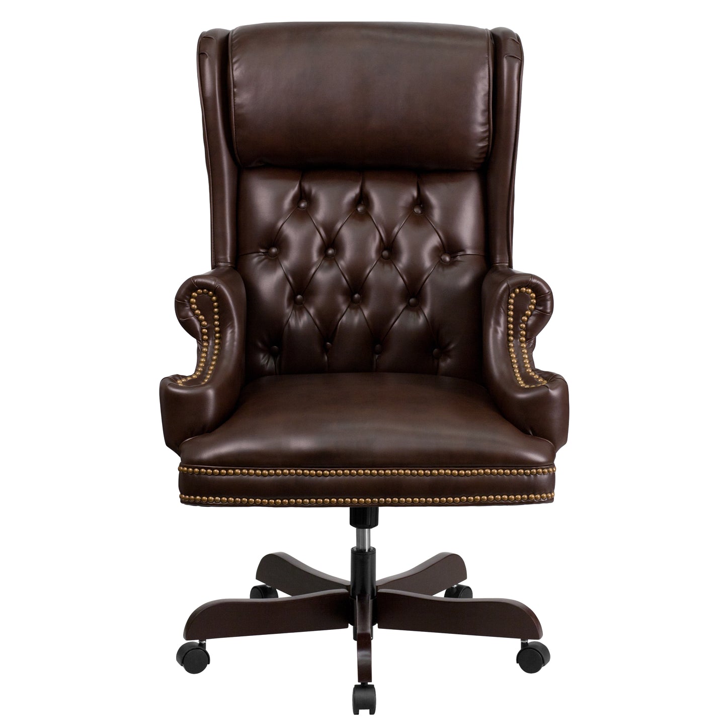 Ainslie High Back Traditional Tufted Brown LeatherSoft Executive Ergonomic Office Chair with Oversized Headrest & Nail Trim Arms Brown