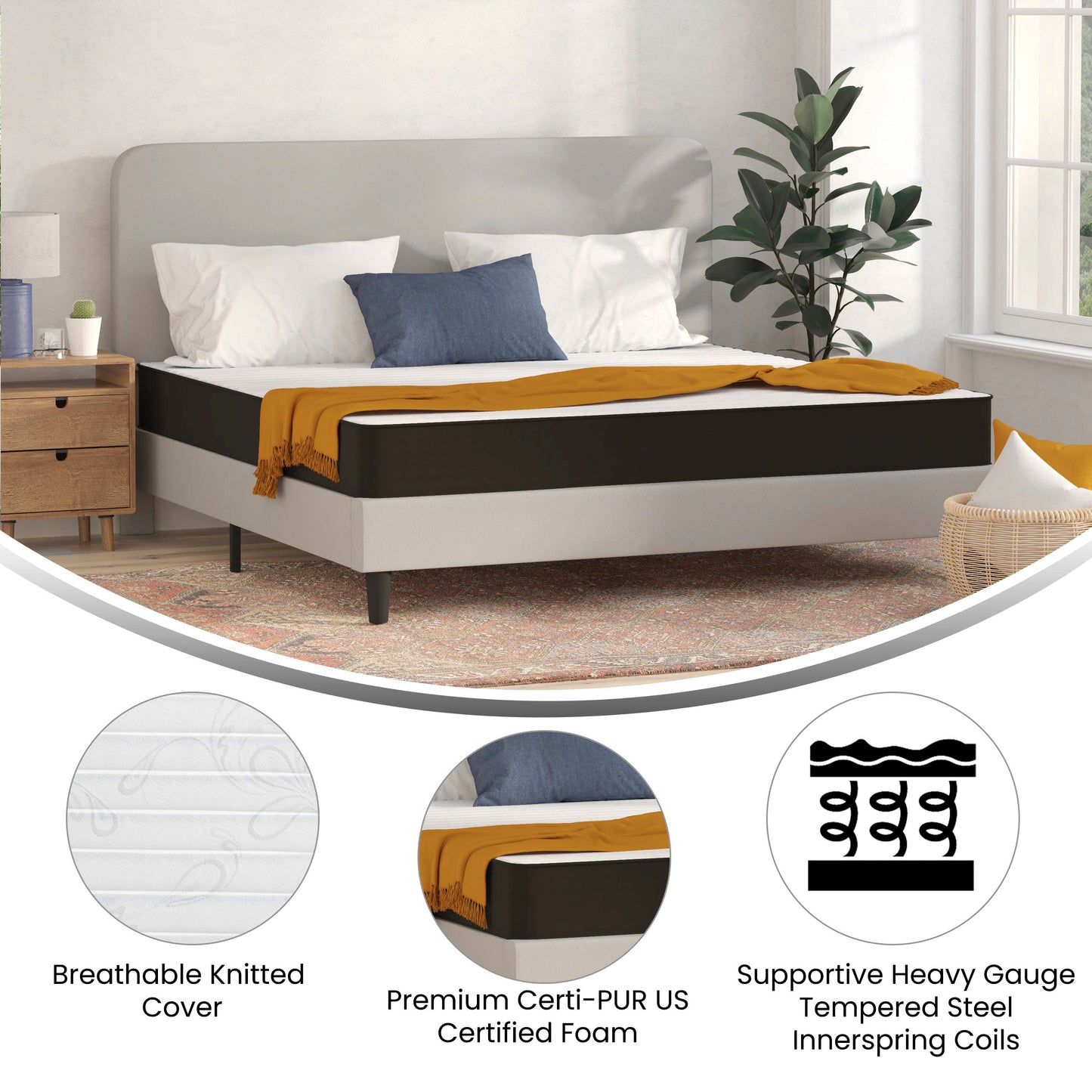 Capri Comfortable Sleep 8 Inch CertiPUR-US Certified Foam and Innerspring Hybrid Mattress, King Mattress in a Box Gray