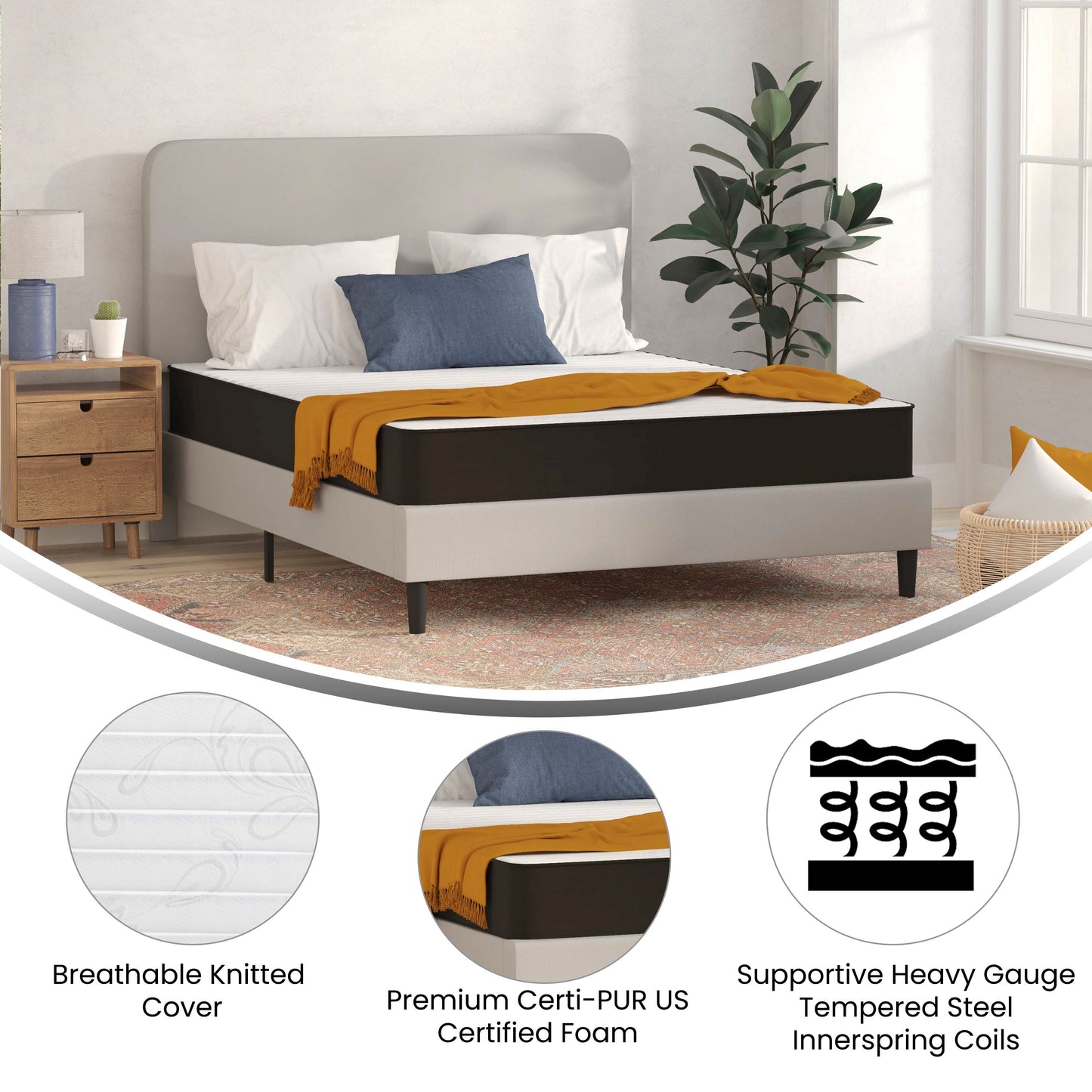 Capri Comfortable Sleep 8 Inch CertiPUR-US Certified Foam and Innerspring Hybrid Mattress, Queen Mattress in a Box Gray CL-E238-B-Q-GG