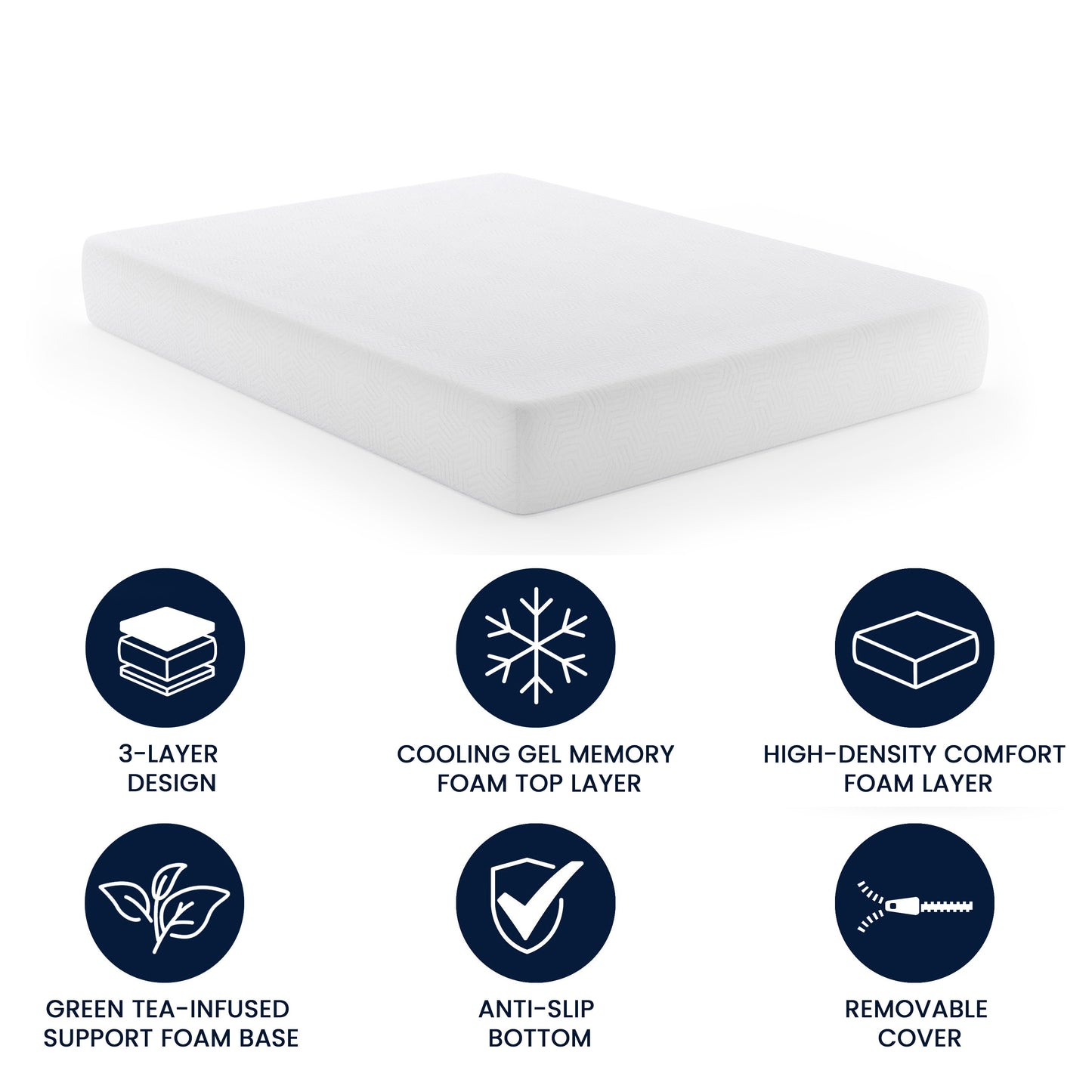 Cloud Green Tea Cooling Gel 3-Layer Memory Foam 10" Queen Mattress in a Box with CertiPUR-US Certification, Washable Cover, and Pressure Relief White CL-MFB3L-10-Q-GG