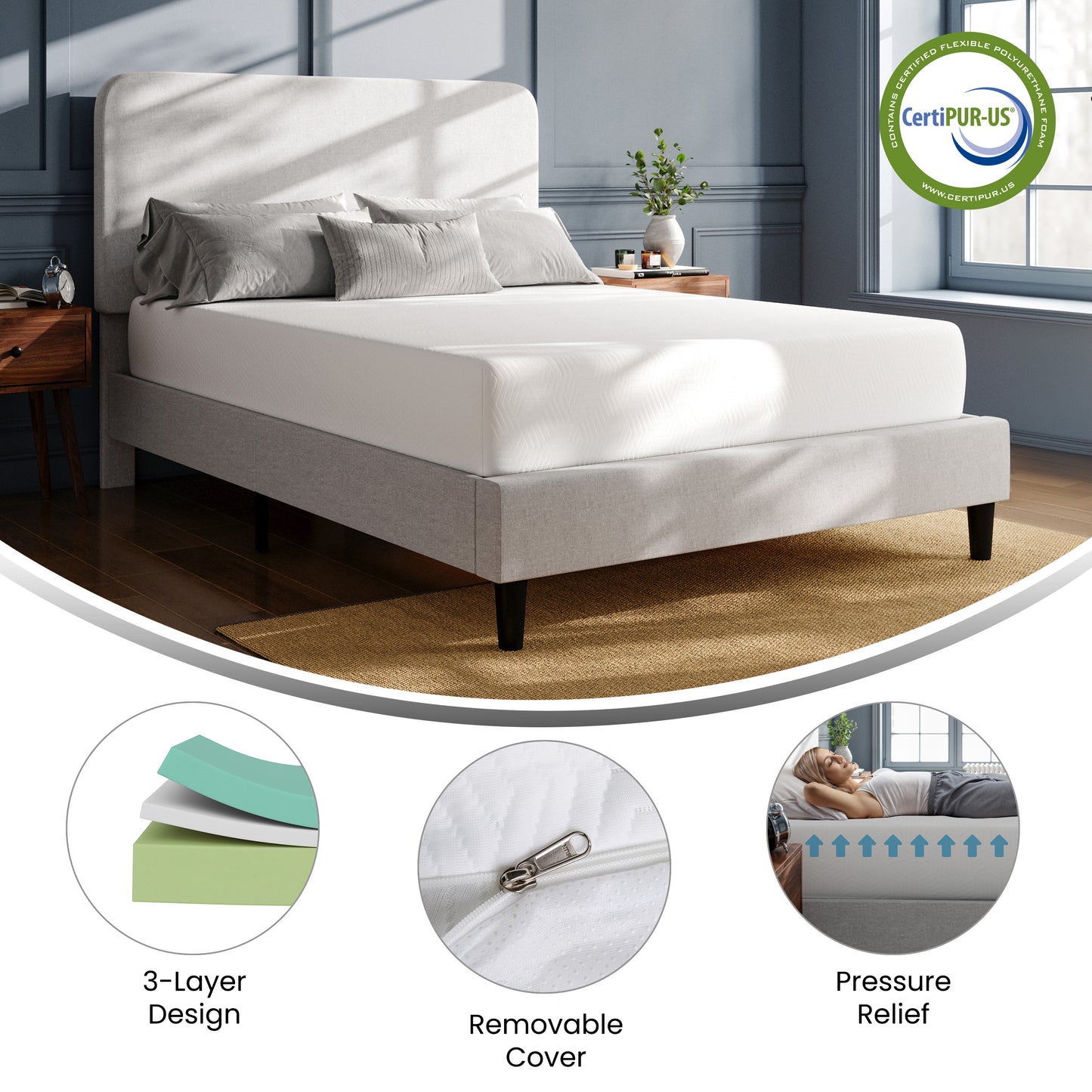 Cloud Green Tea Cooling Gel 3-Layer Memory Foam 10" Queen Mattress in a Box with CertiPUR-US Certification, Washable Cover, and Pressure Relief White CL-MFB3L-10-Q-GG