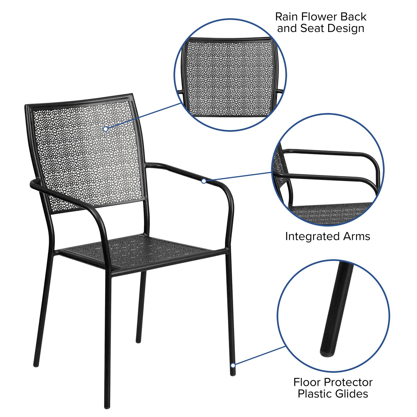 Oia Commercial Grade Black Indoor-Outdoor Steel Patio Arm Chair with Square Back Black
