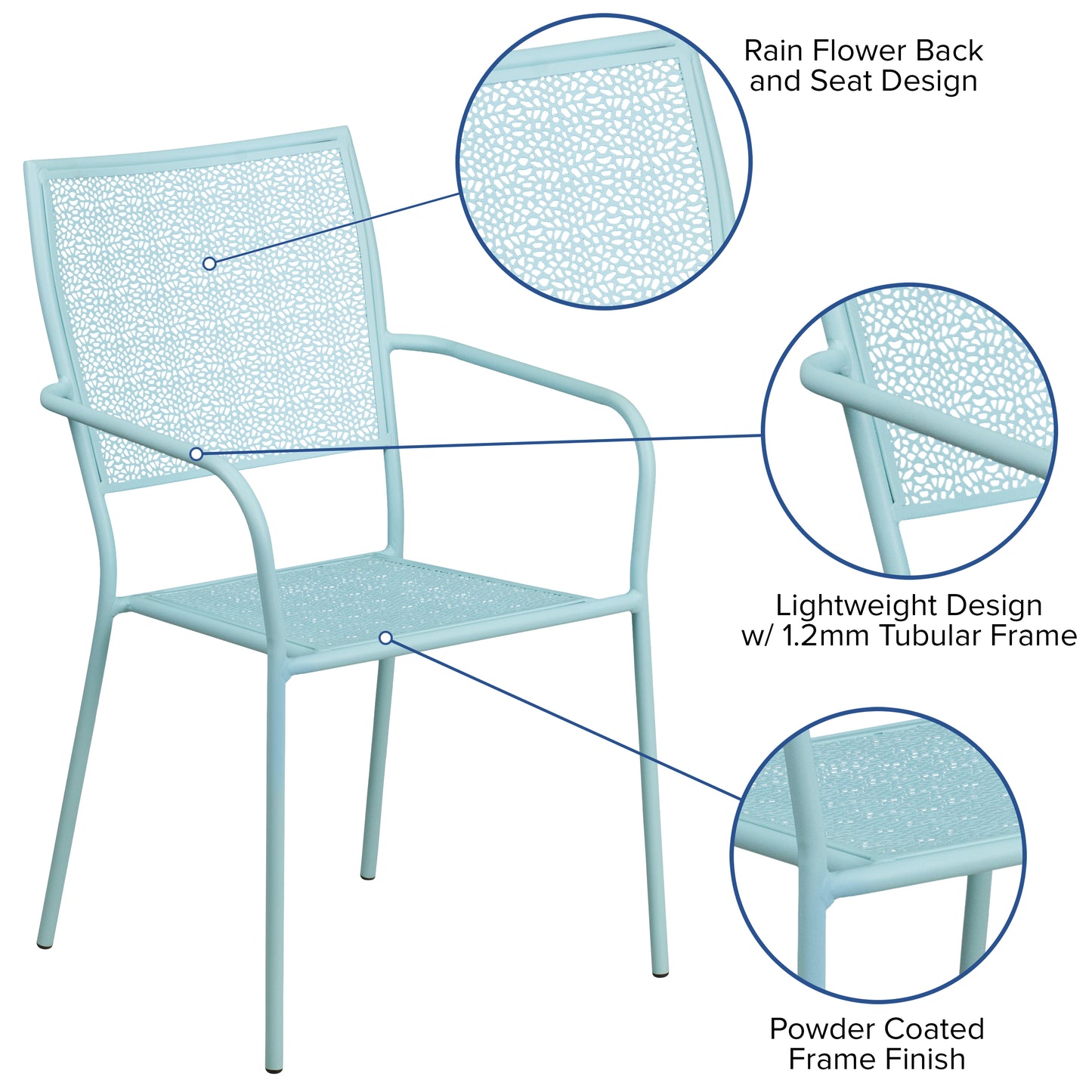 Oia Commercial Grade Sky Blue Indoor-Outdoor Steel Patio Arm Chair with Square Back Sky Blue
