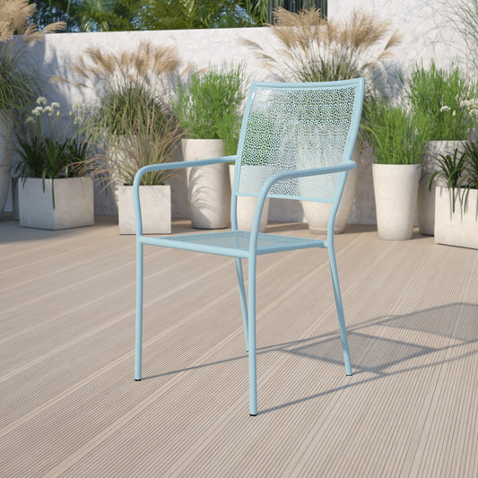 Oia Commercial Grade Sky Blue Indoor-Outdoor Steel Patio Arm Chair with Square Back Sky Blue