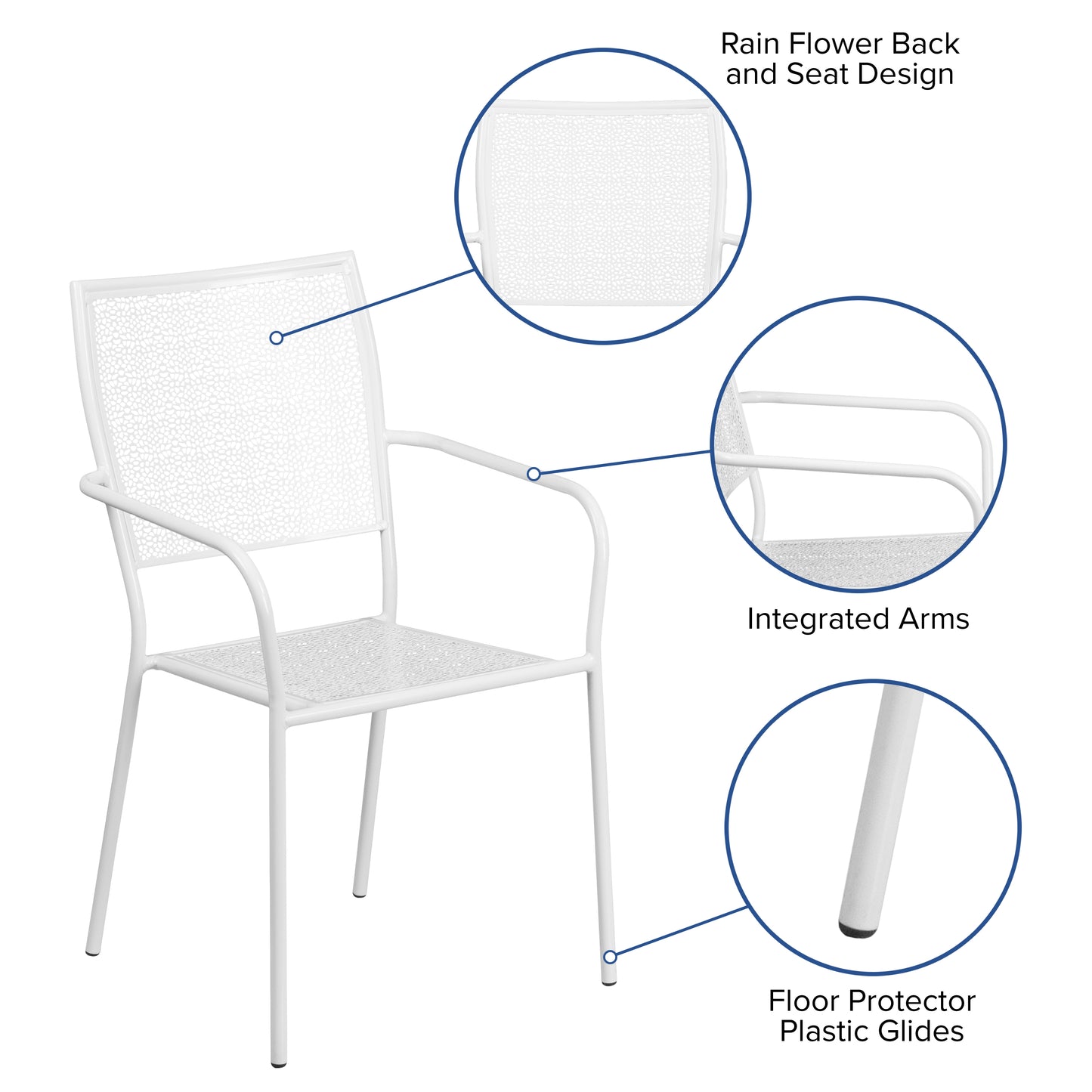 Oia Commercial Grade White Indoor-Outdoor Steel Patio Arm Chair with Square Back White