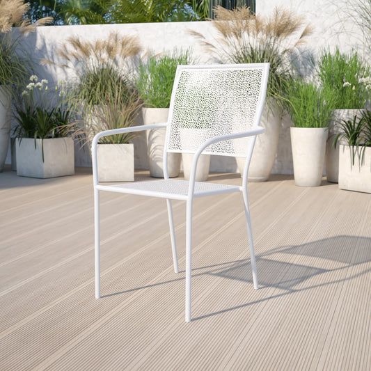 Oia Commercial Grade White Indoor-Outdoor Steel Patio Arm Chair with Square Back White
