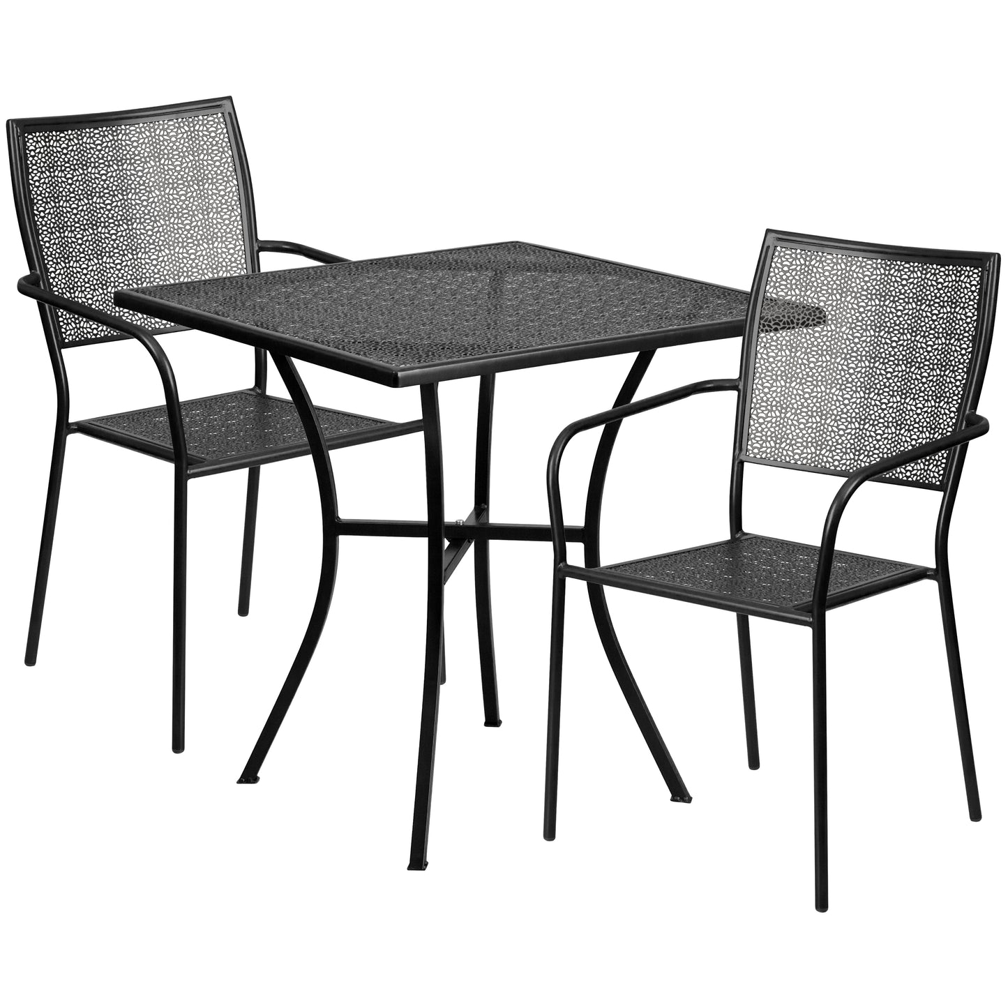 Oia Commercial Grade 28" Square Black Indoor-Outdoor Steel Patio Table Set with 2 Square Back Chairs Black