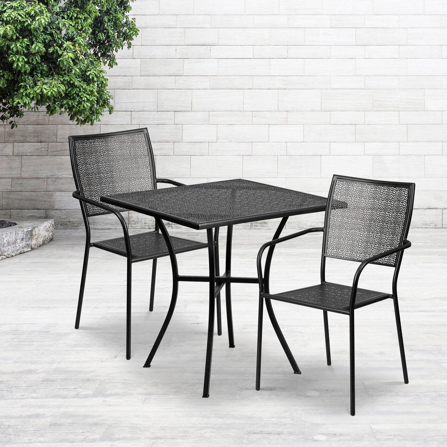 Oia Commercial Grade 28" Square Black Indoor-Outdoor Steel Patio Table Set with 2 Square Back Chairs Black