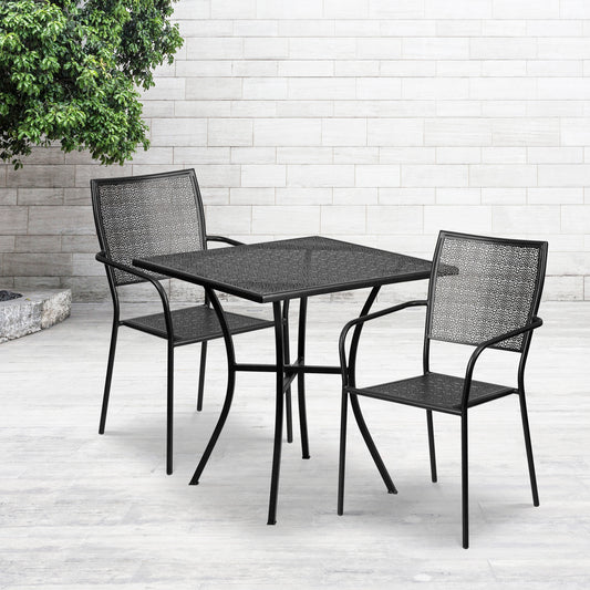 Oia Commercial Grade 28" Square Black Indoor-Outdoor Steel Patio Table Set with 2 Square Back Chairs Black