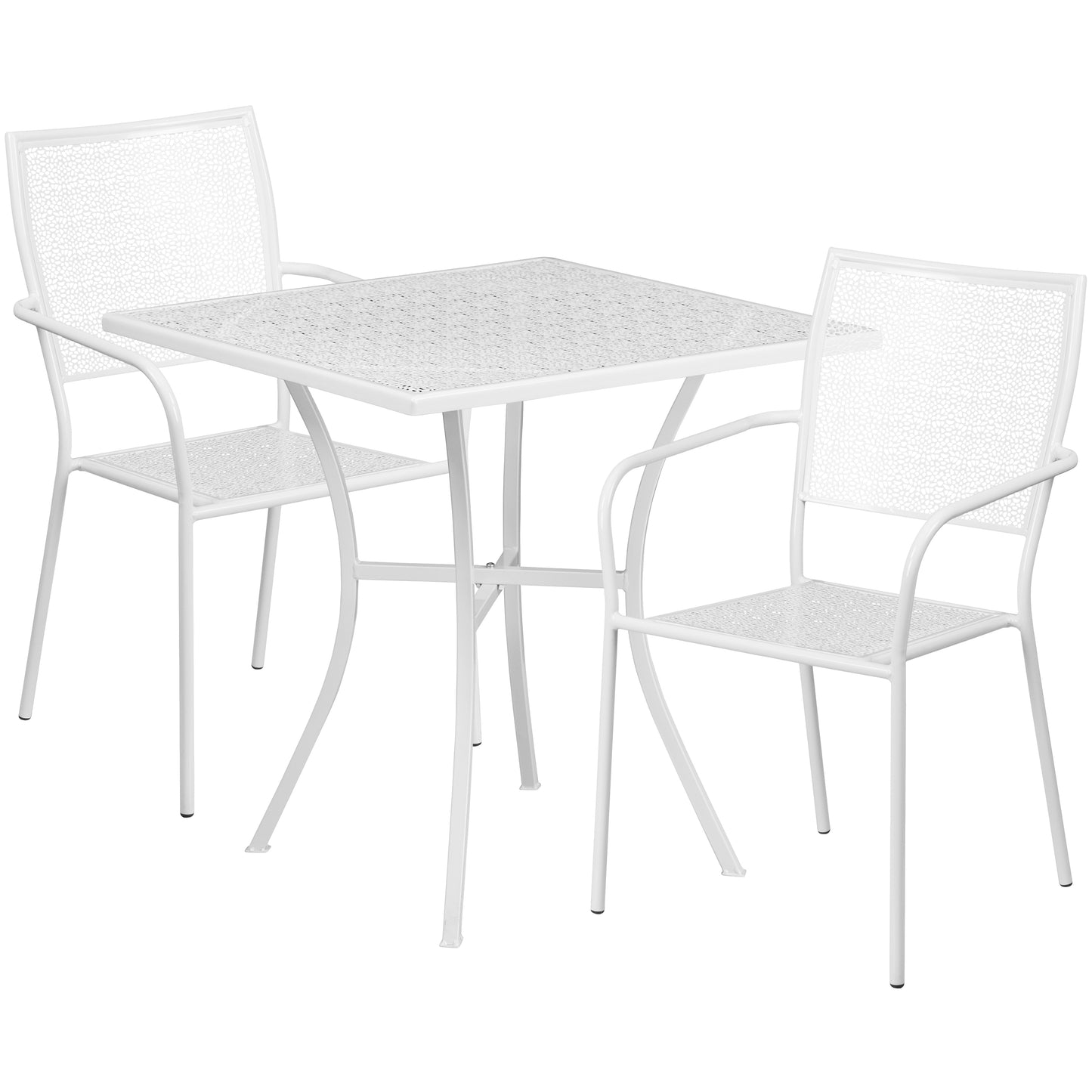 Oia Commercial Grade 28" Square White Indoor-Outdoor Steel Patio Table Set with 2 Square Back Chairs White