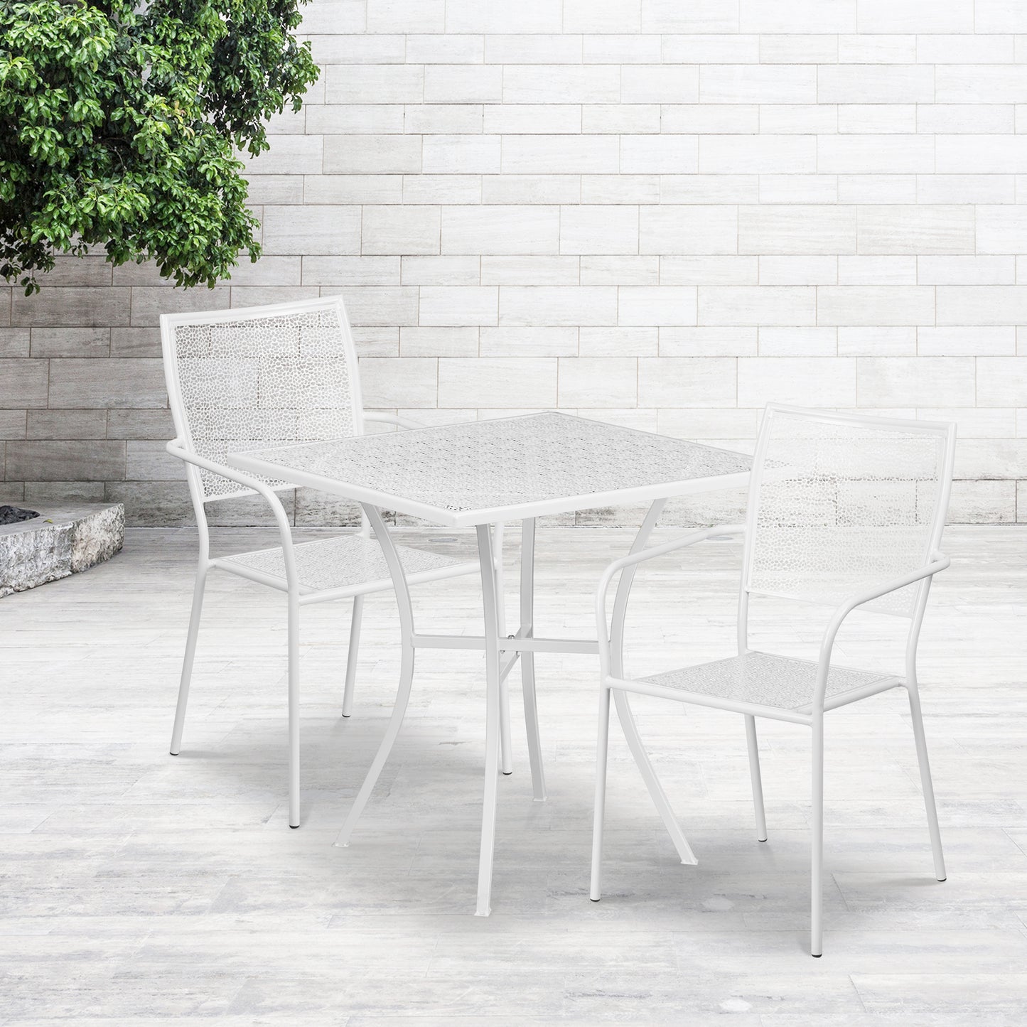 Oia Commercial Grade 28" Square White Indoor-Outdoor Steel Patio Table Set with 2 Square Back Chairs White
