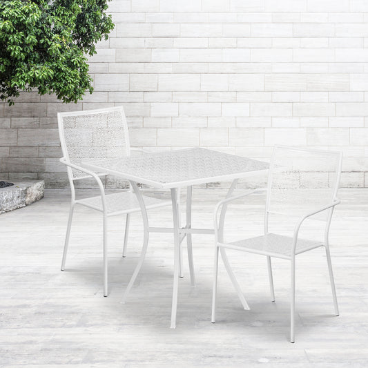 Oia Commercial Grade 28" Square White Indoor-Outdoor Steel Patio Table Set with 2 Square Back Chairs White