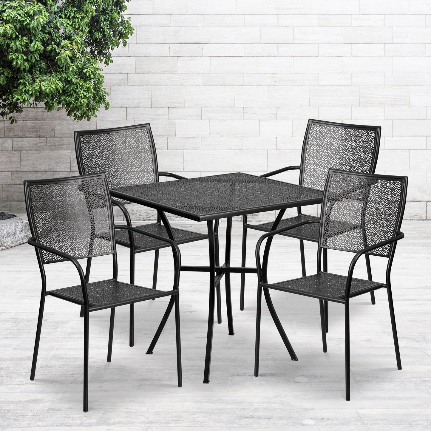 Oia Commercial Grade 28" Square Black Indoor-Outdoor Steel Patio Table Set with 4 Square Back Chairs Black