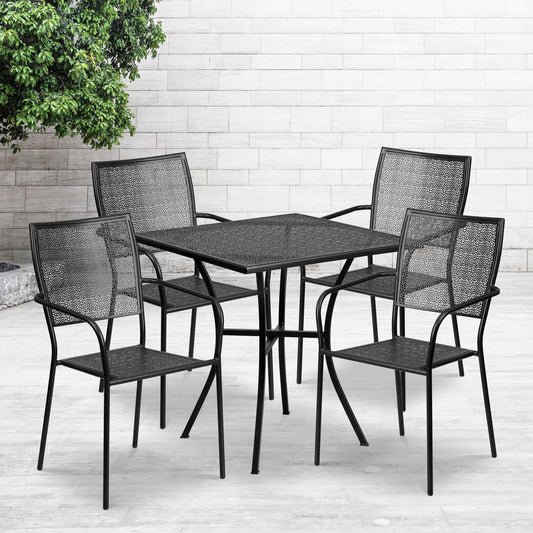 Oia Commercial Grade 28" Square Black Indoor-Outdoor Steel Patio Table Set with 4 Square Back Chairs Black