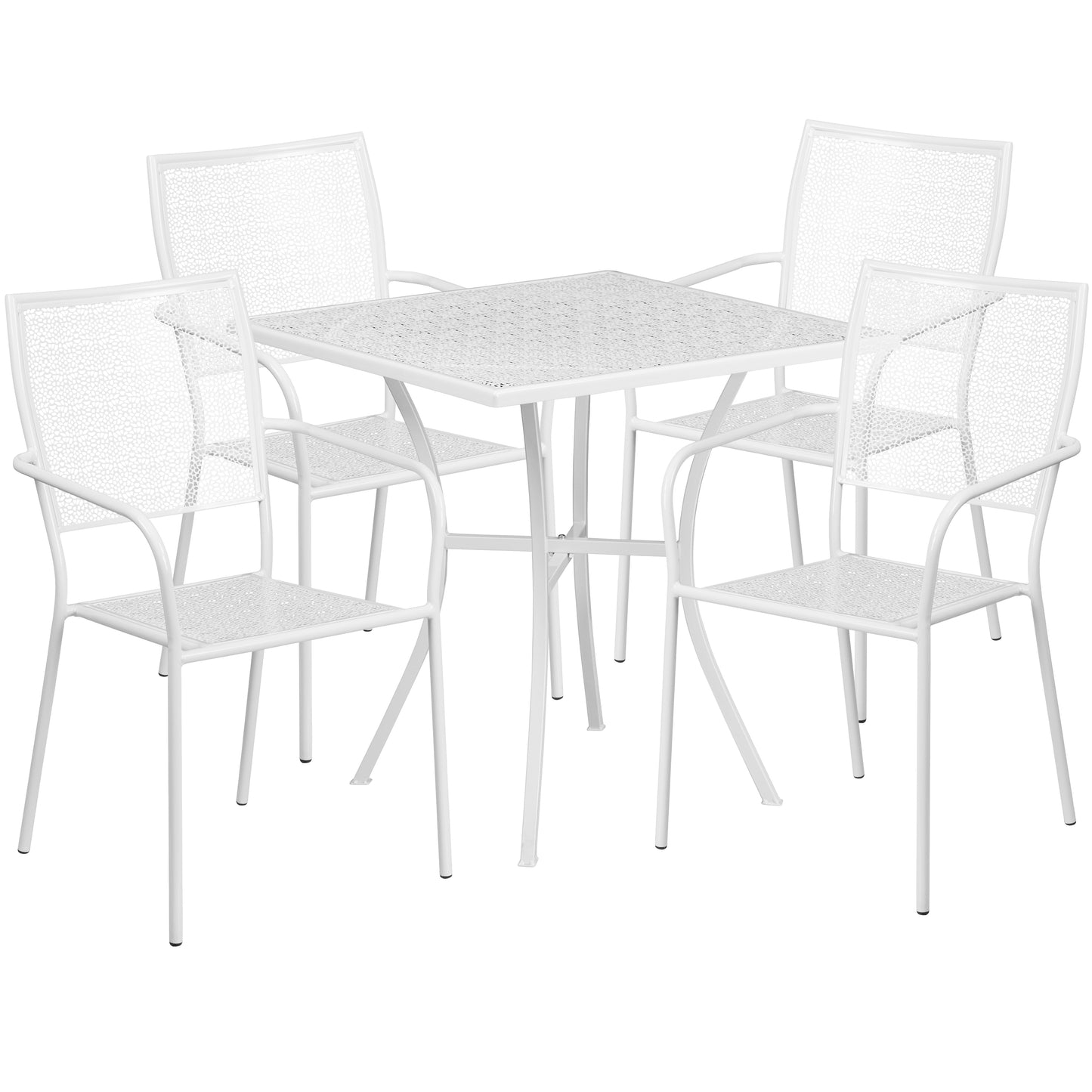 Oia Commercial Grade 28" Square White Indoor-Outdoor Steel Patio Table Set with 4 Square Back Chairs White
