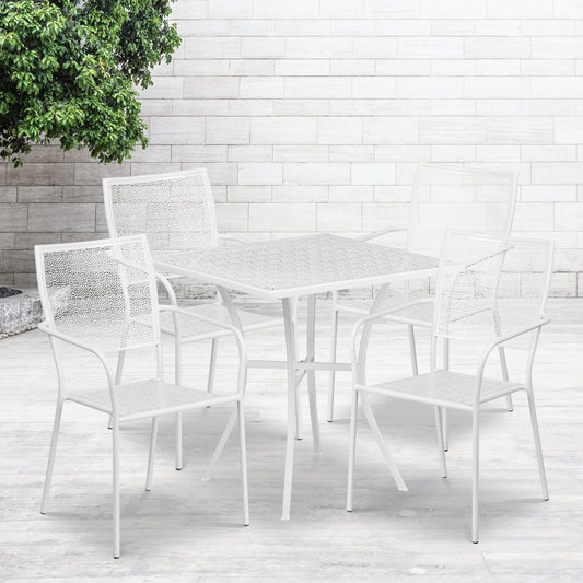 Oia Commercial Grade 28" Square White Indoor-Outdoor Steel Patio Table Set with 4 Square Back Chairs White