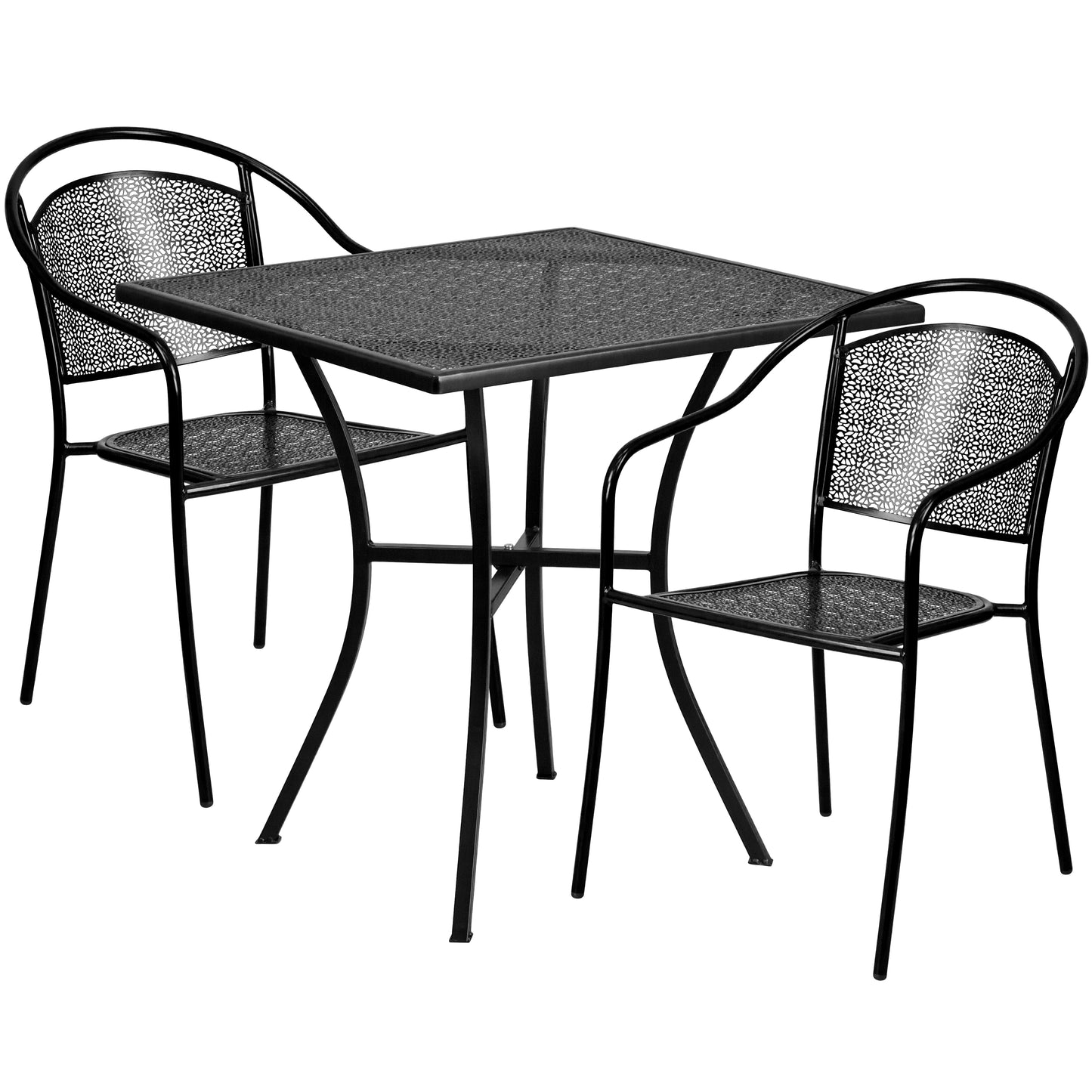 Oia Commercial Grade 28" Square Black Indoor-Outdoor Steel Patio Table Set with 2 Round Back Chairs Black