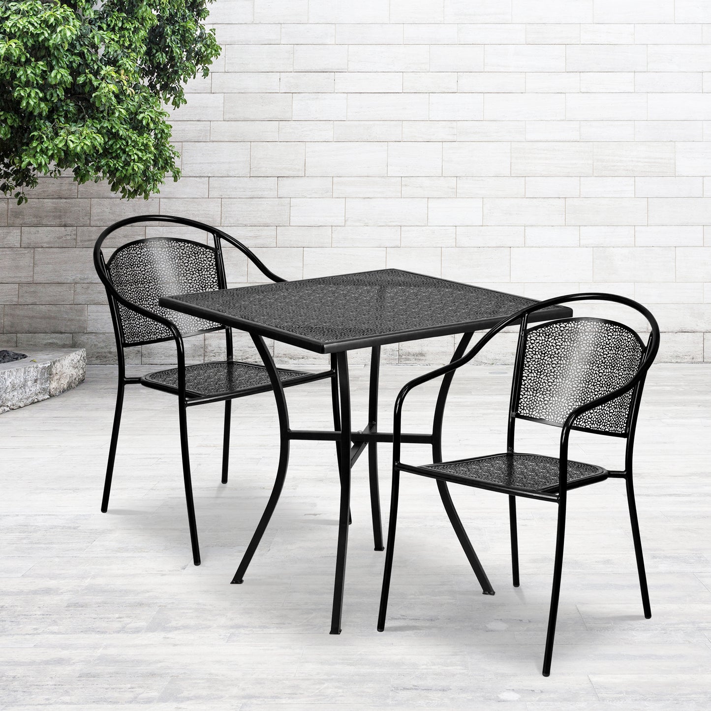 Oia Commercial Grade 28" Square Black Indoor-Outdoor Steel Patio Table Set with 2 Round Back Chairs Black