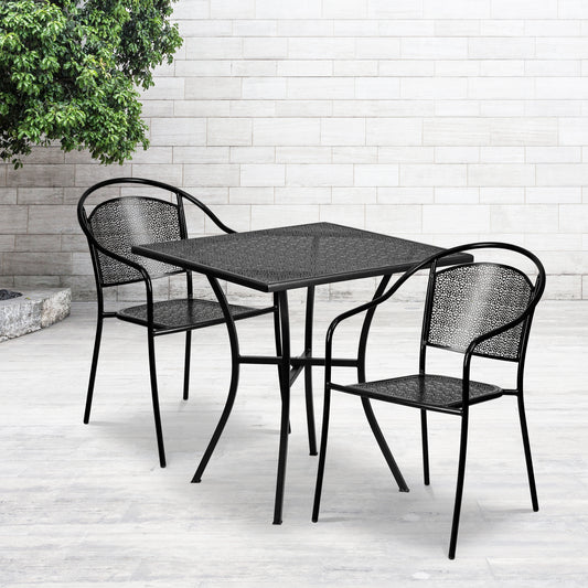 Oia Commercial Grade 28" Square Black Indoor-Outdoor Steel Patio Table Set with 2 Round Back Chairs Black