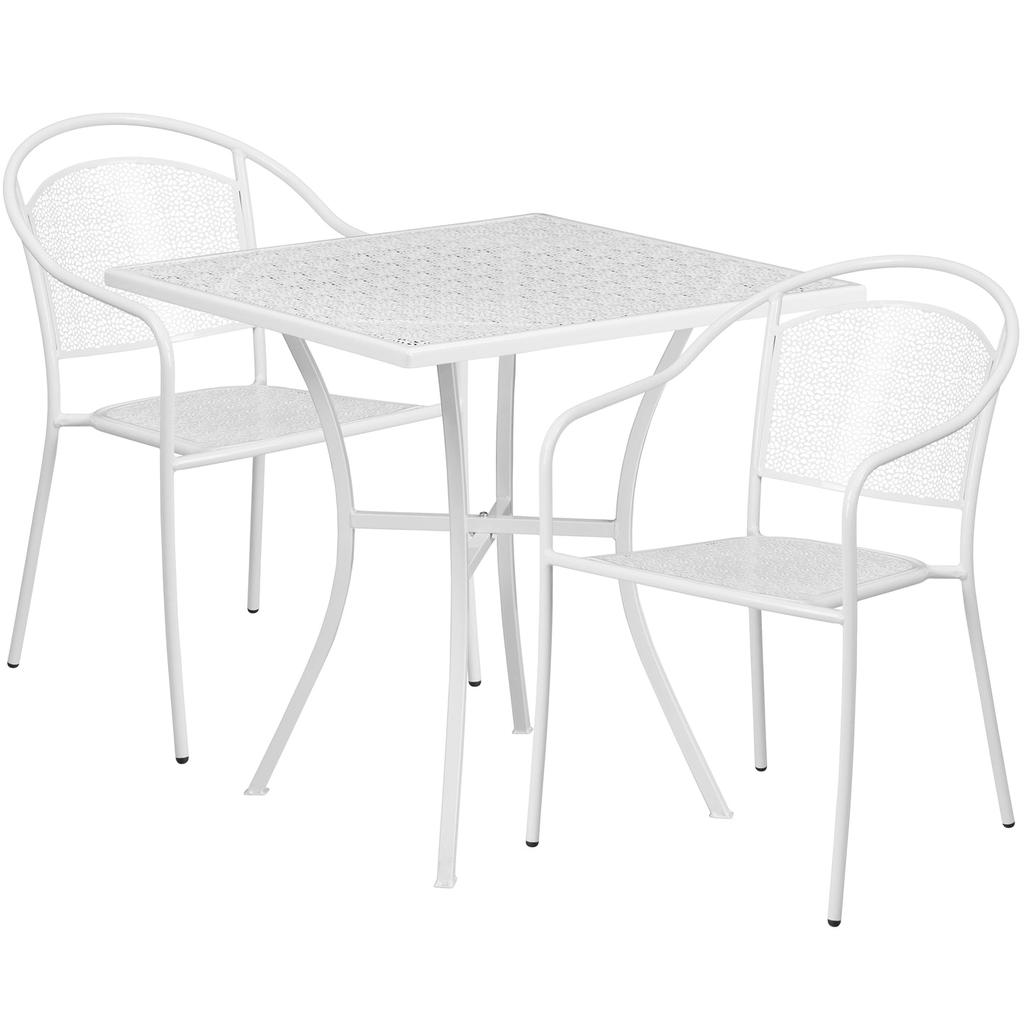 Oia Commercial Grade 28" Square White Indoor-Outdoor Steel Patio Table Set with 2 Round Back Chairs White