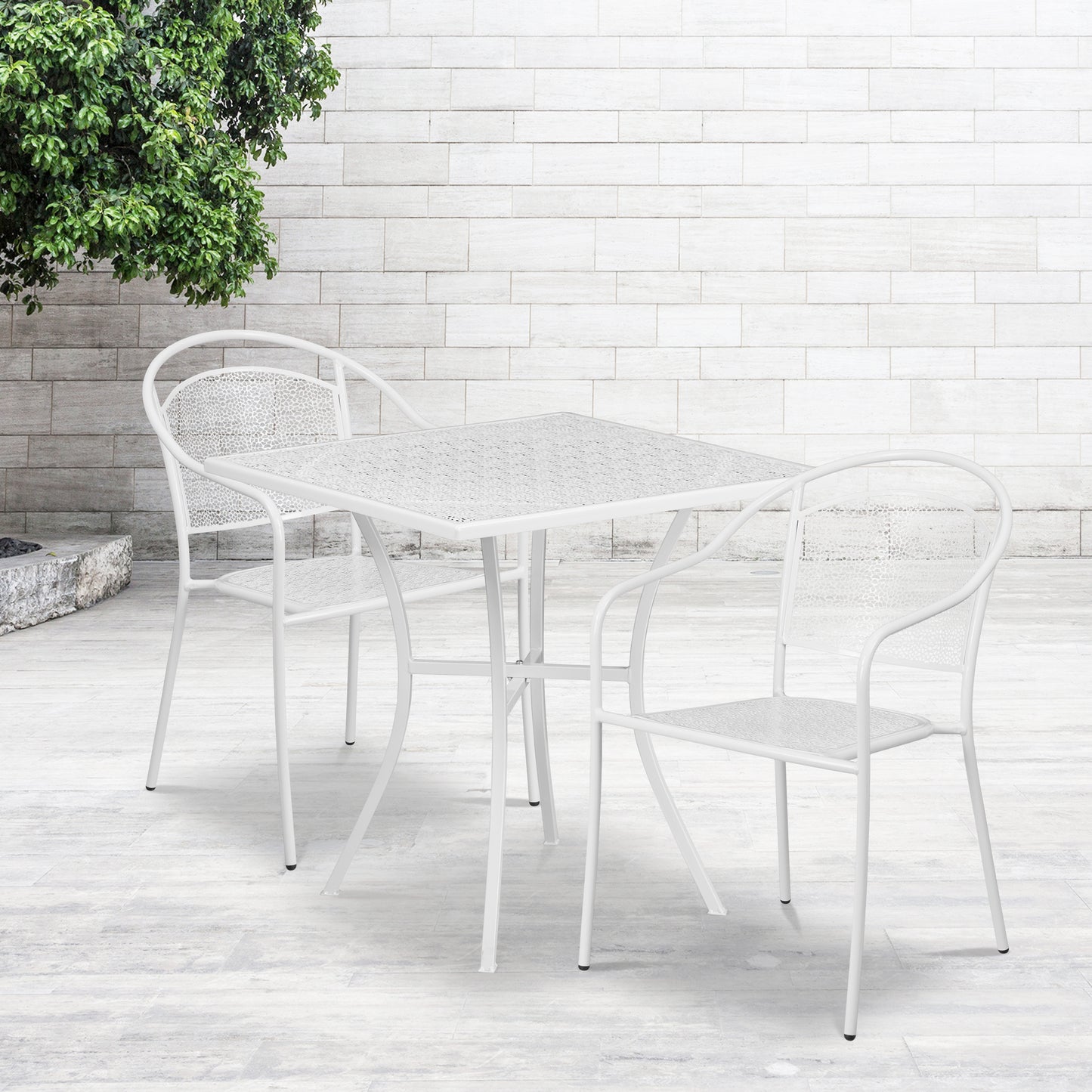 Oia Commercial Grade 28" Square White Indoor-Outdoor Steel Patio Table Set with 2 Round Back Chairs White