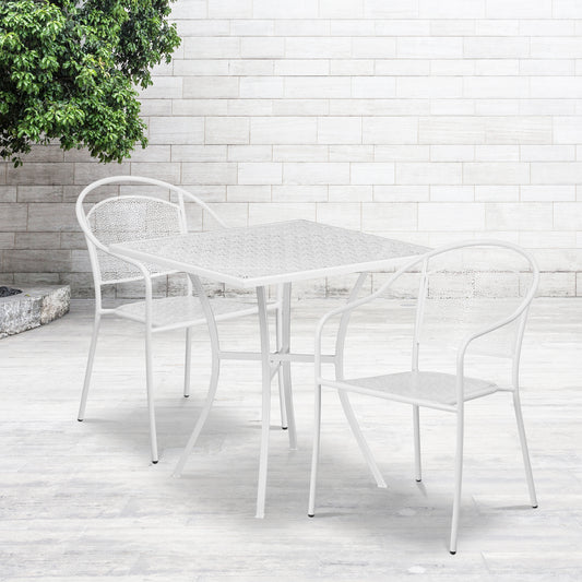 Oia Commercial Grade 28" Square White Indoor-Outdoor Steel Patio Table Set with 2 Round Back Chairs White