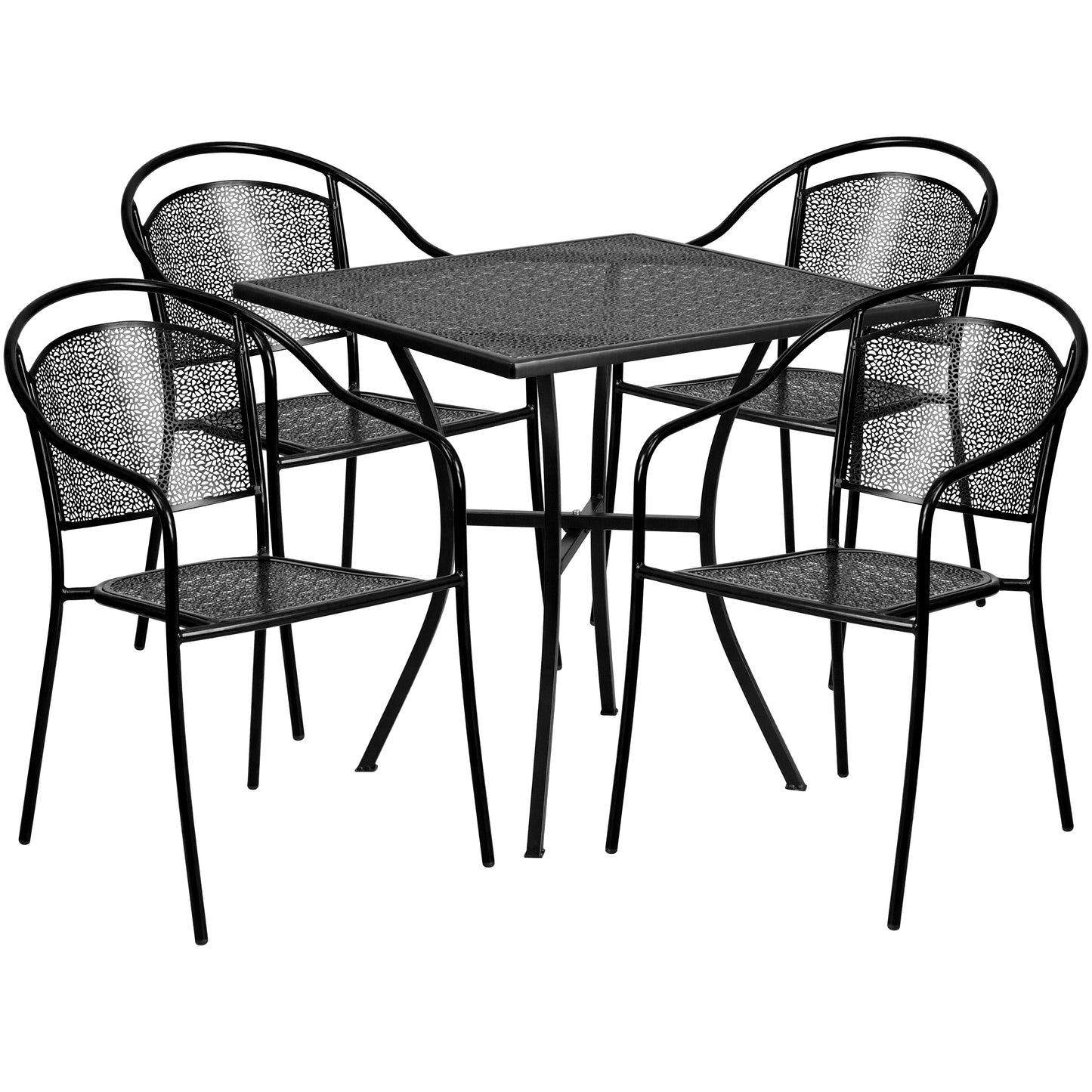Oia Commercial Grade 28" Square Black Indoor-Outdoor Steel Patio Table Set with 4 Round Back Chairs Black