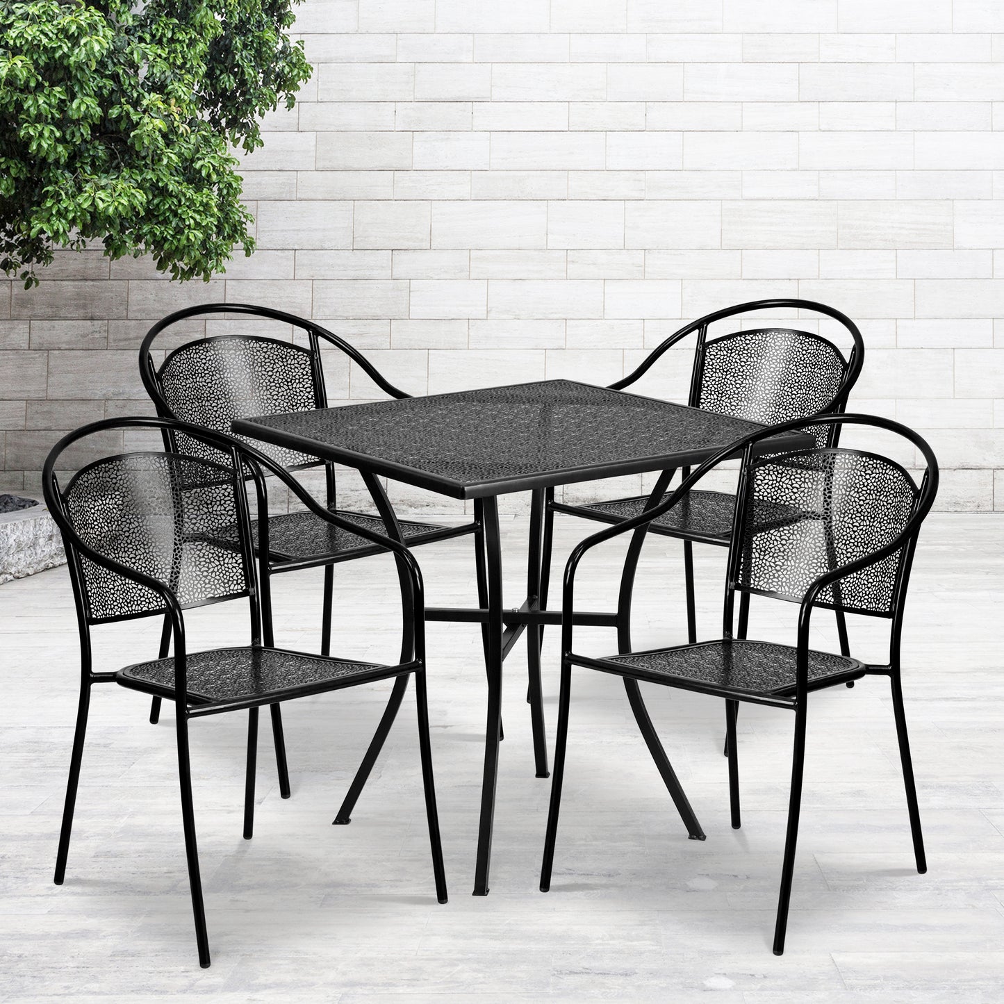 Oia Commercial Grade 28" Square Black Indoor-Outdoor Steel Patio Table Set with 4 Round Back Chairs Black