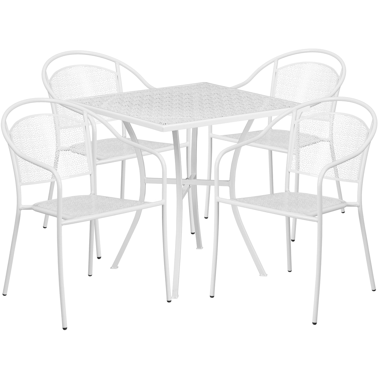 Oia Commercial Grade 28" Square White Indoor-Outdoor Steel Patio Table Set with 4 Round Back Chairs White