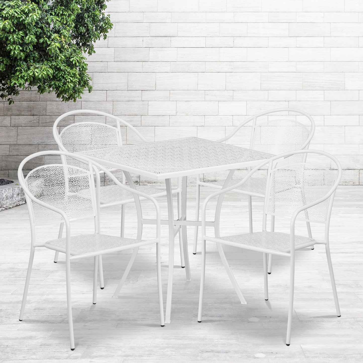 Oia Commercial Grade 28" Square White Indoor-Outdoor Steel Patio Table Set with 4 Round Back Chairs White