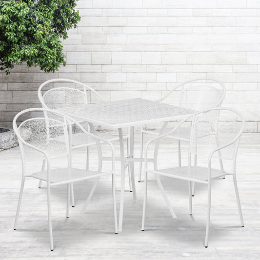 Oia Commercial Grade 28" Square White Indoor-Outdoor Steel Patio Table Set with 4 Round Back Chairs White