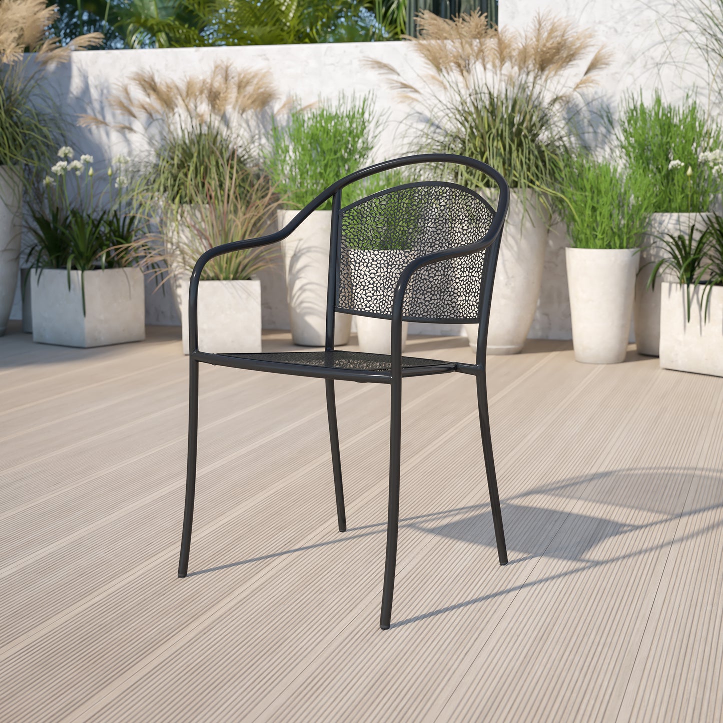 Oia Commercial Grade Black Indoor-Outdoor Steel Patio Arm Chair with Round Back Black