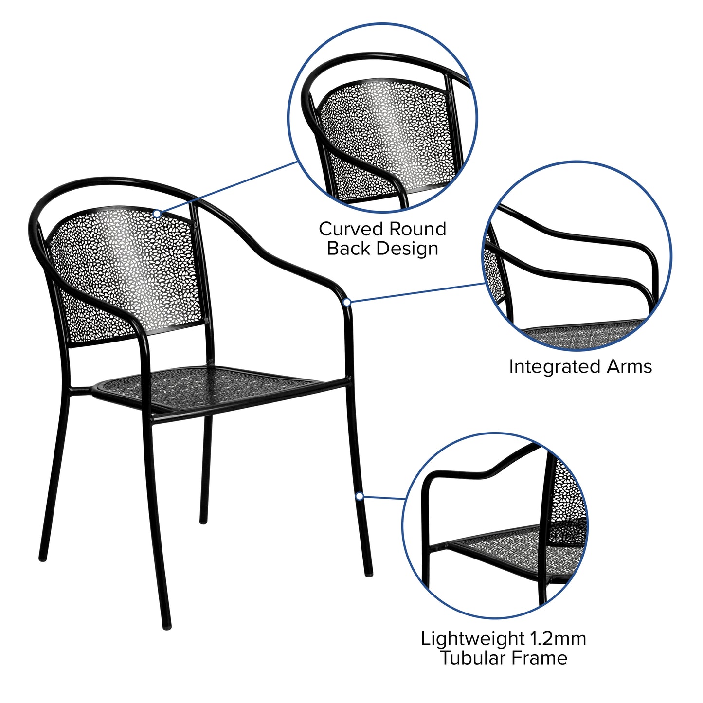 Oia Commercial Grade Black Indoor-Outdoor Steel Patio Arm Chair with Round Back Black