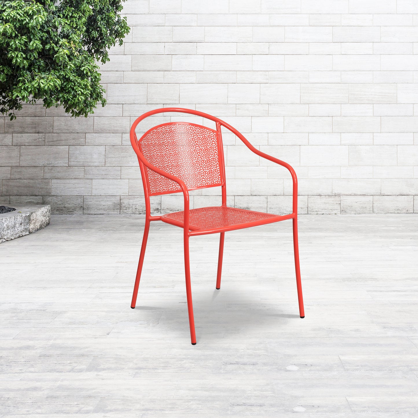 Oia Commercial Grade Coral Indoor-Outdoor Steel Patio Arm Chair with Round Back Coral CO-3-RED-GG