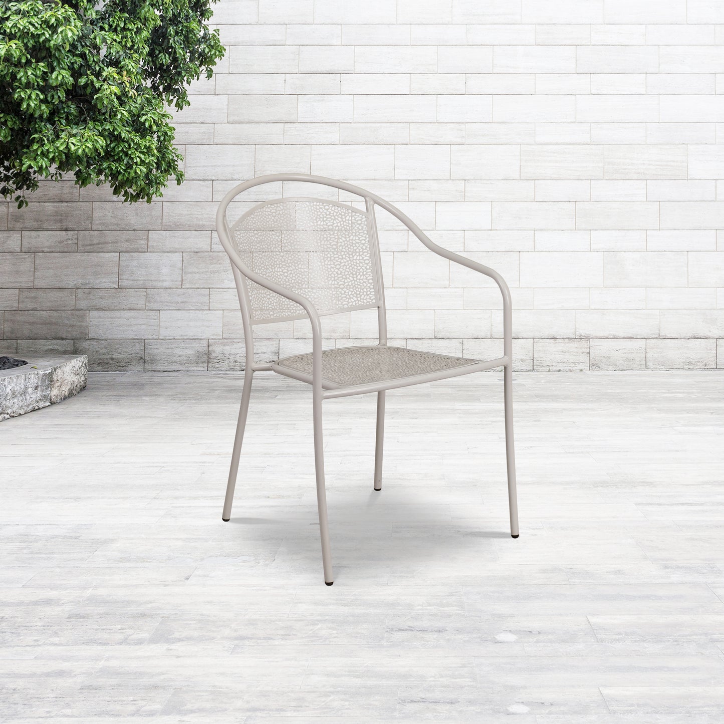 Oia Commercial Grade Light Gray Indoor-Outdoor Steel Patio Arm Chair with Round Back Light Gray