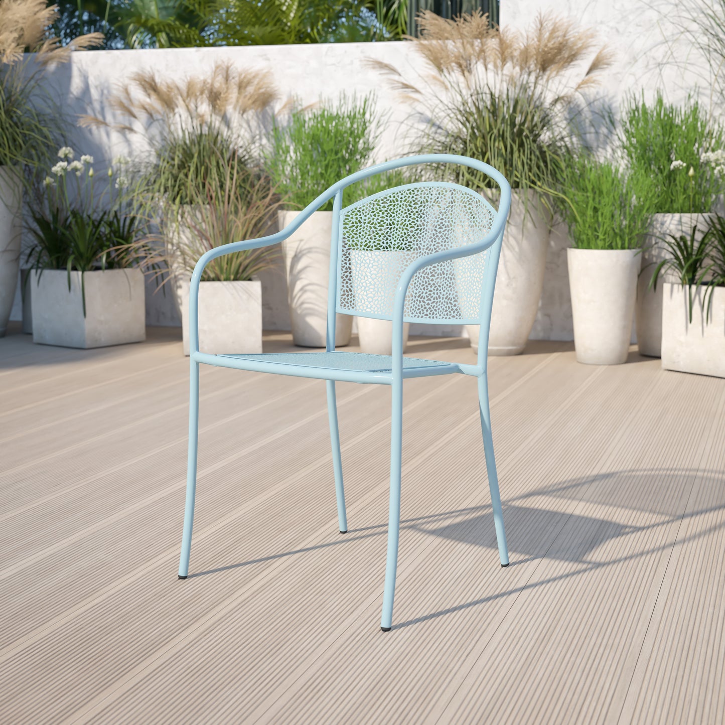 Oia Commercial Grade Sky Blue Indoor-Outdoor Steel Patio Arm Chair with Round Back Sky Blue