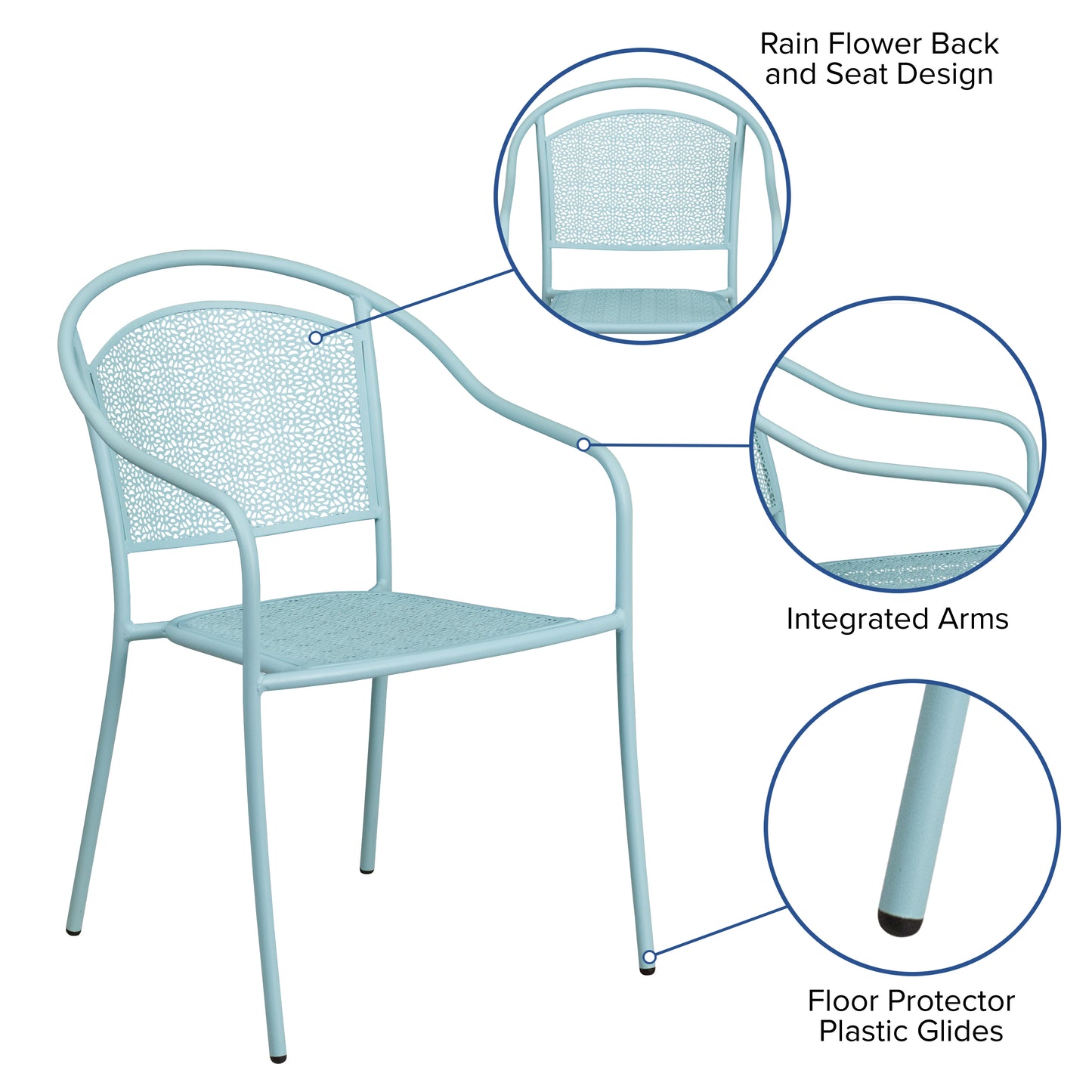 Oia Commercial Grade Sky Blue Indoor-Outdoor Steel Patio Arm Chair with Round Back Sky Blue