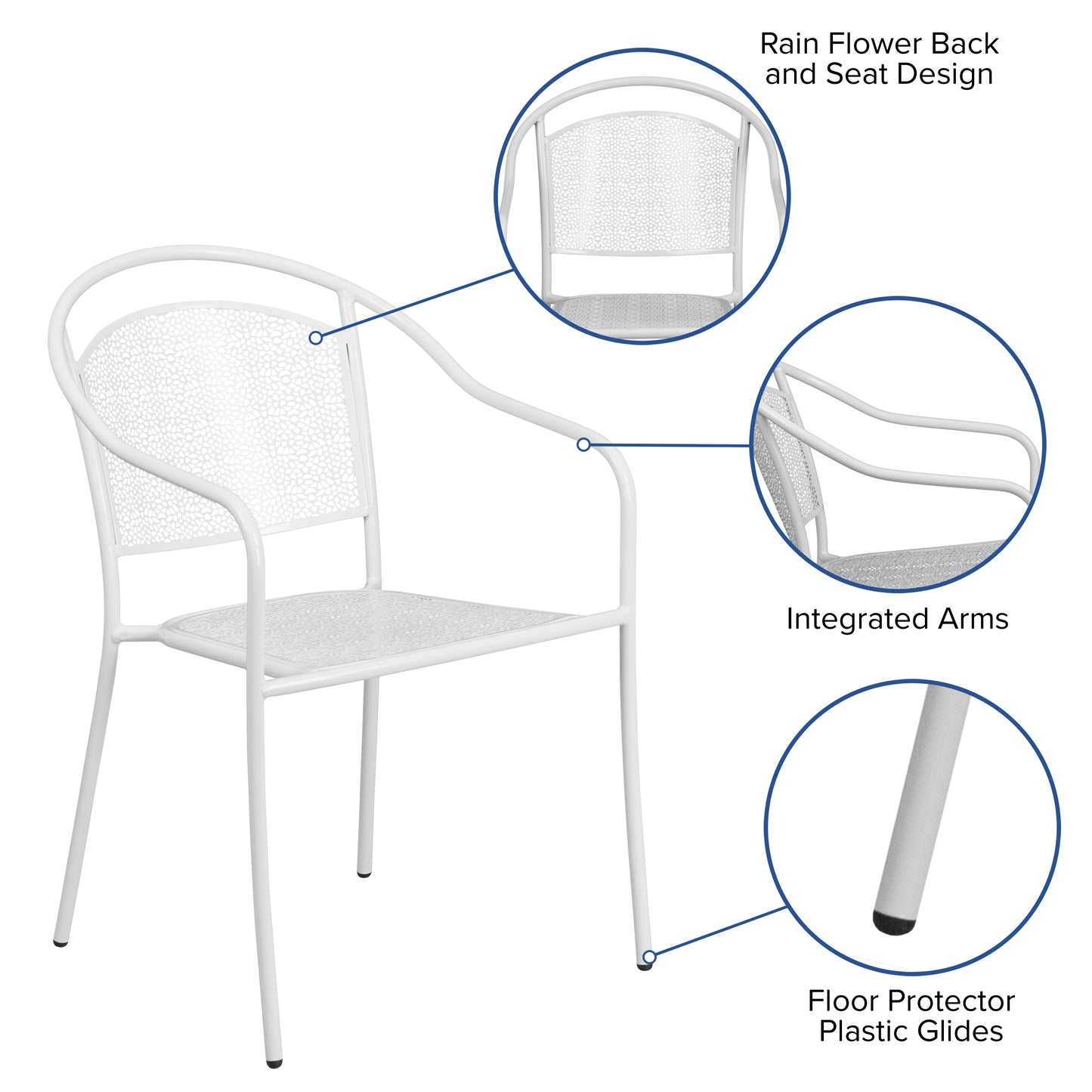 Oia Commercial Grade White Indoor-Outdoor Steel Patio Arm Chair with Round Back White
