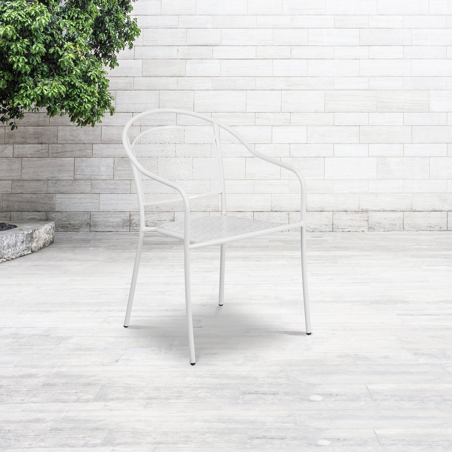 Oia Commercial Grade White Indoor-Outdoor Steel Patio Arm Chair with Round Back White